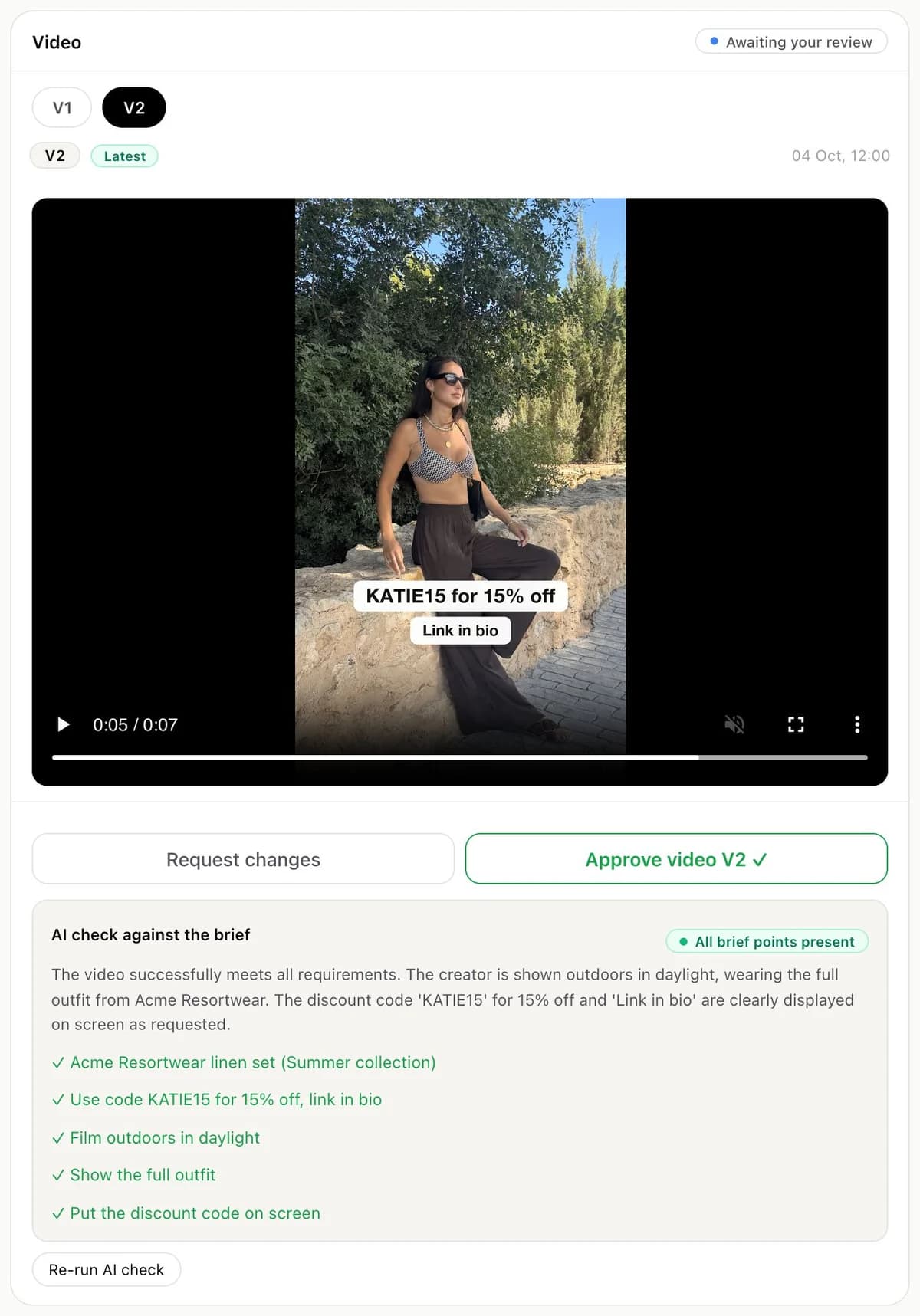 The brand’s review page in Sup: version 2 of a creator’s draft video, with buttons to approve it or request changes, and a check of the draft against the brief