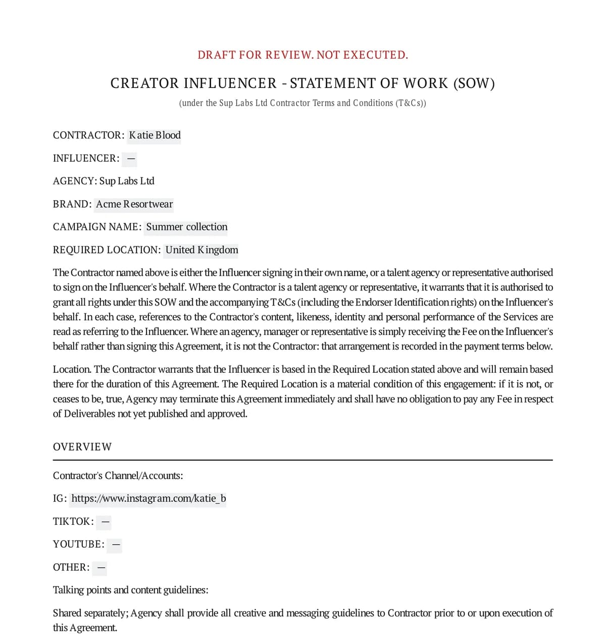 The first page of a draft creator agreement written by Sup, with the creator, the brand, the campaign and the deliverables filled in