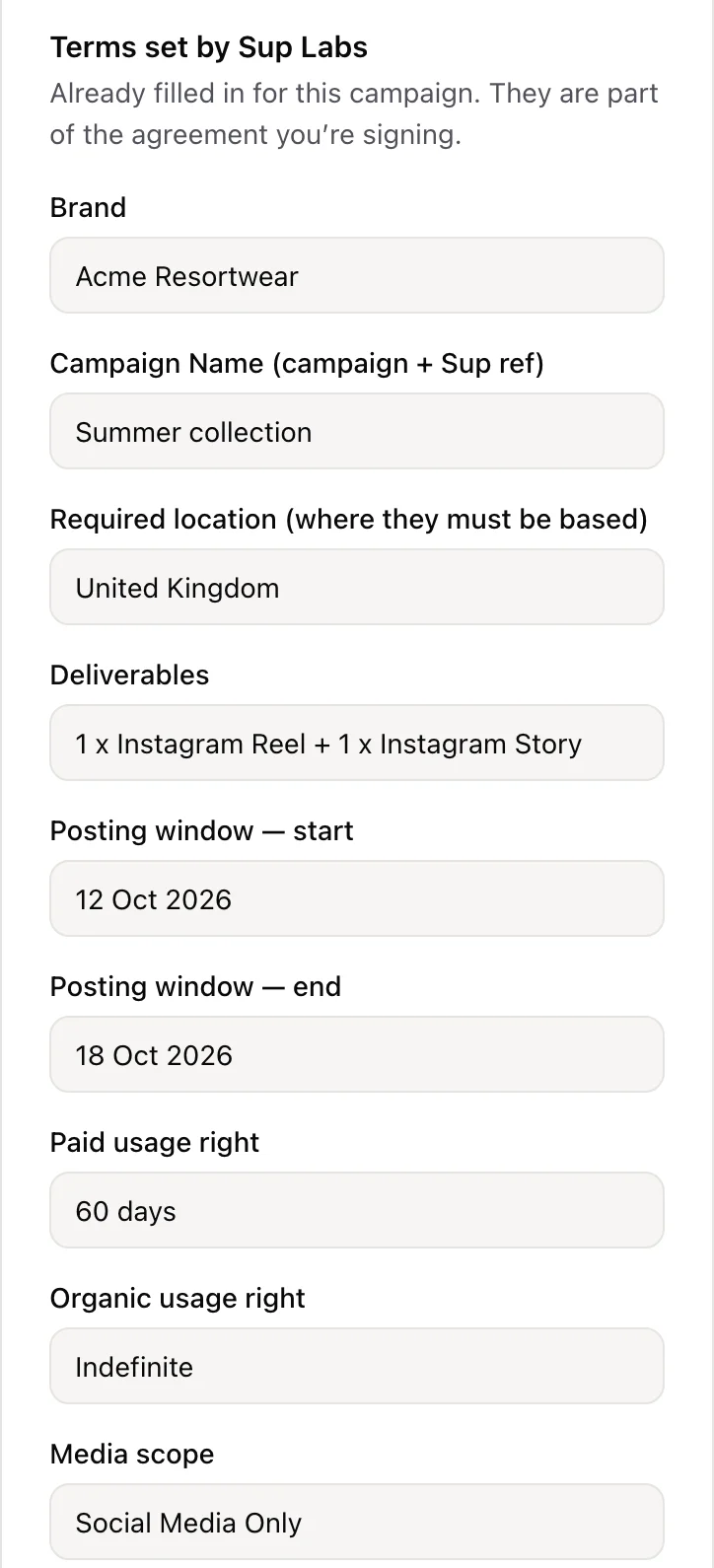 The terms a creator sees before signing: brand, campaign, location, deliverables, posting window and usage rights