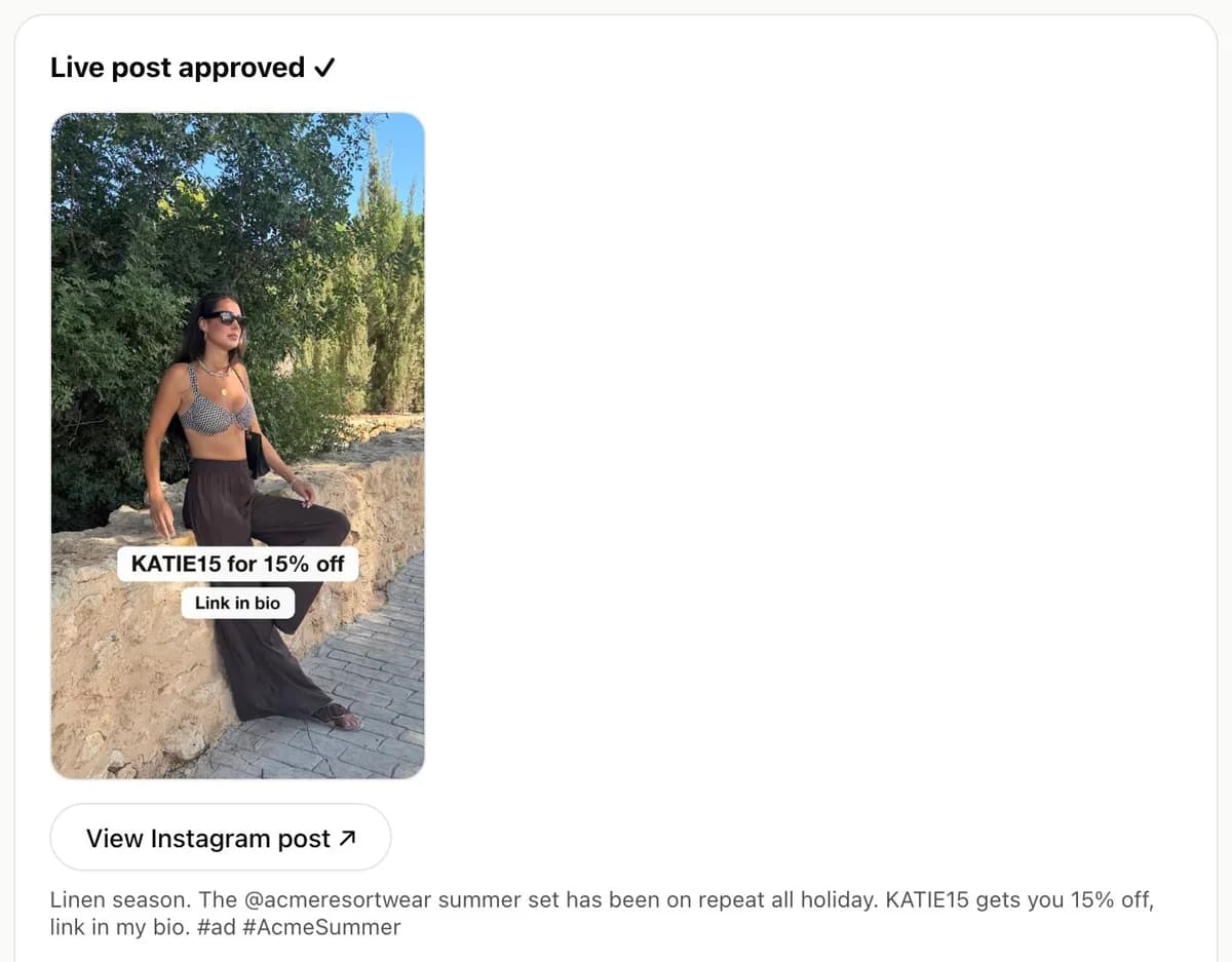 A live Instagram post found by Sup and approved, with its caption