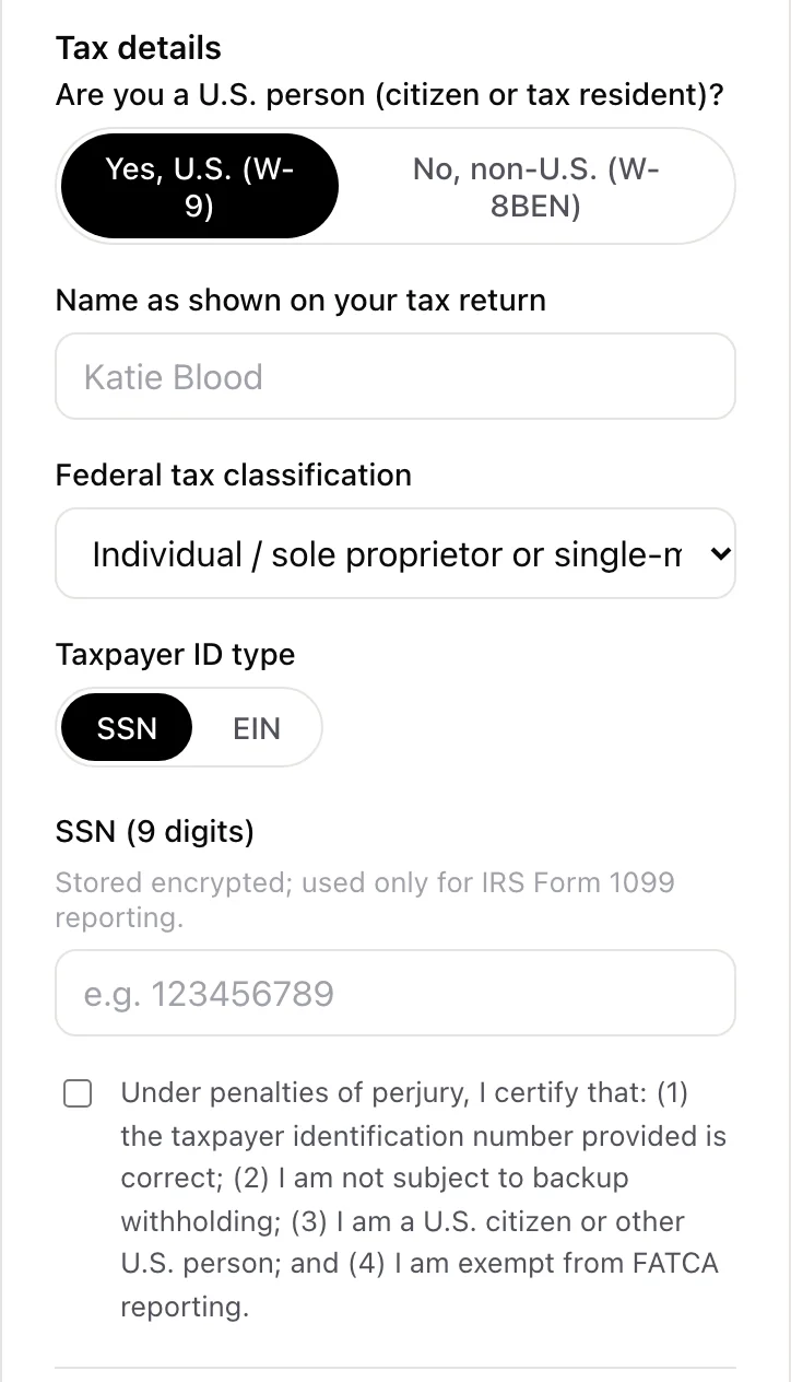 The secure page where a creator gives their tax details, with a choice of Form W-9 or W-8BEN