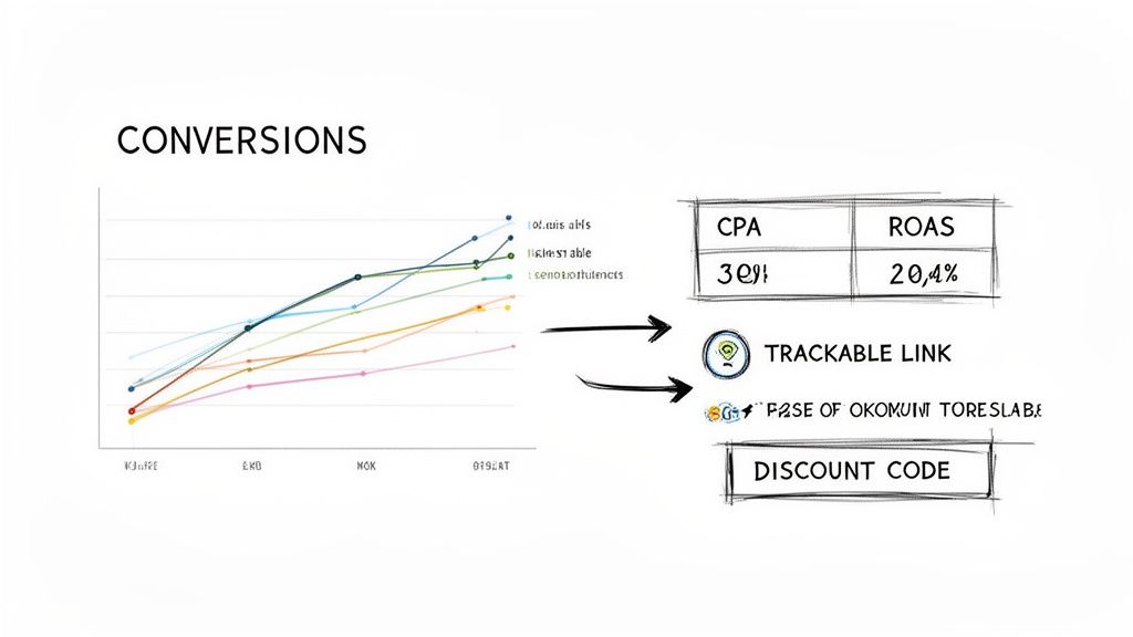Graph visualizing marketing conversions, CPA, ROAS, trackable links, and discount codes for analysis.