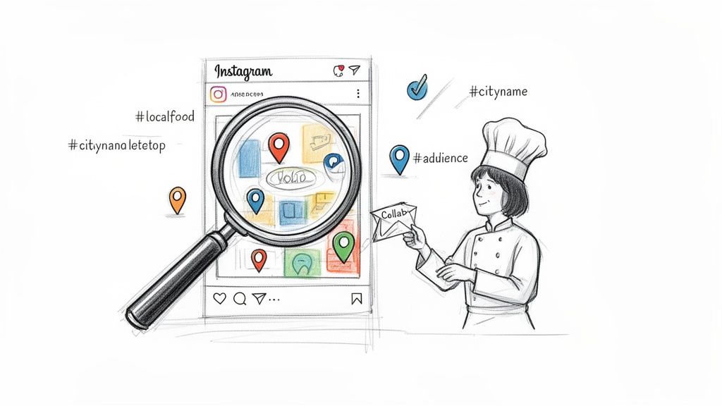 A chef searches Instagram with a magnifying glass to find local food and audience for collaboration.