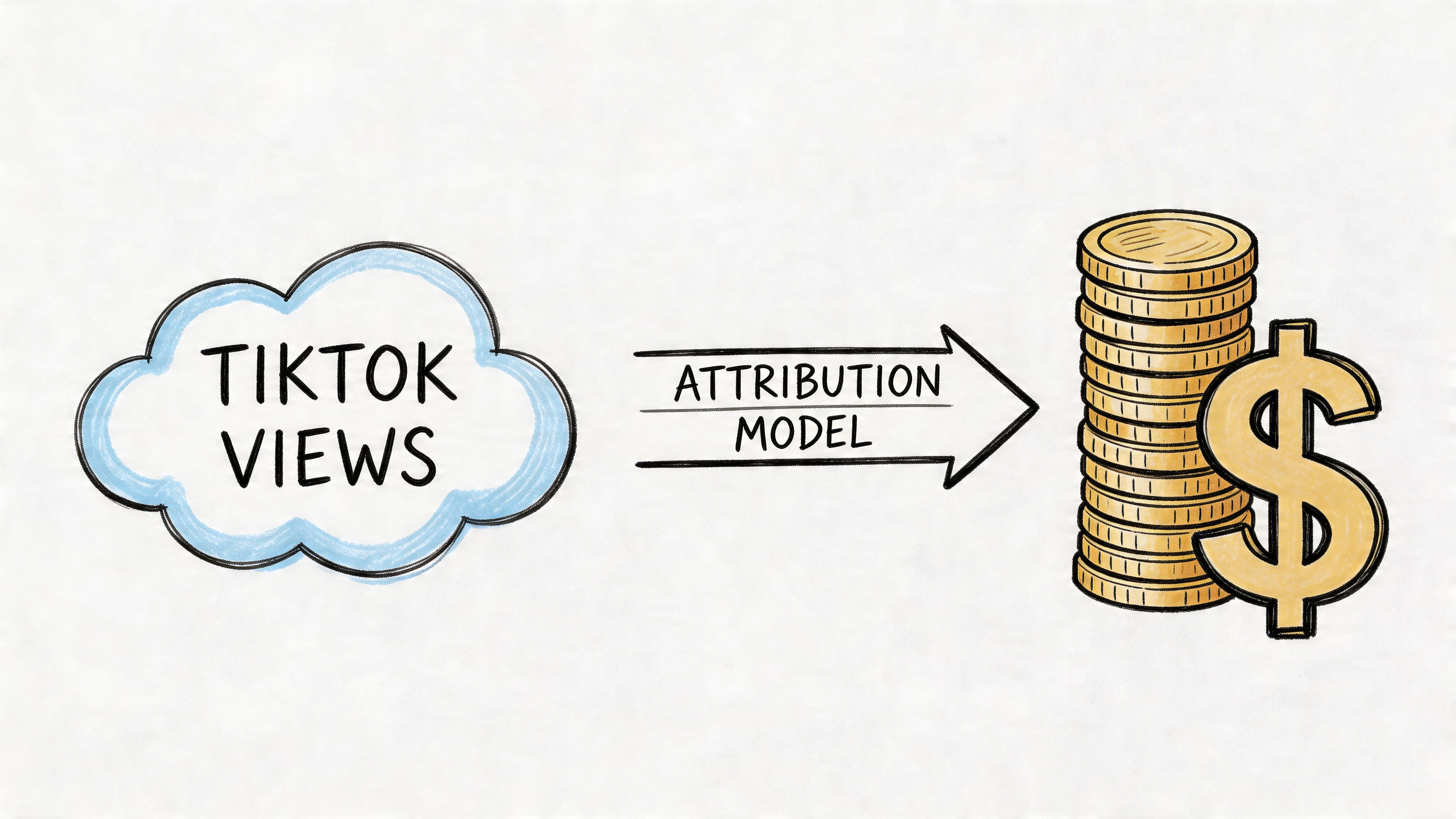 A conceptual illustration showing TikTok views being converted into money through an attribution model diagram.