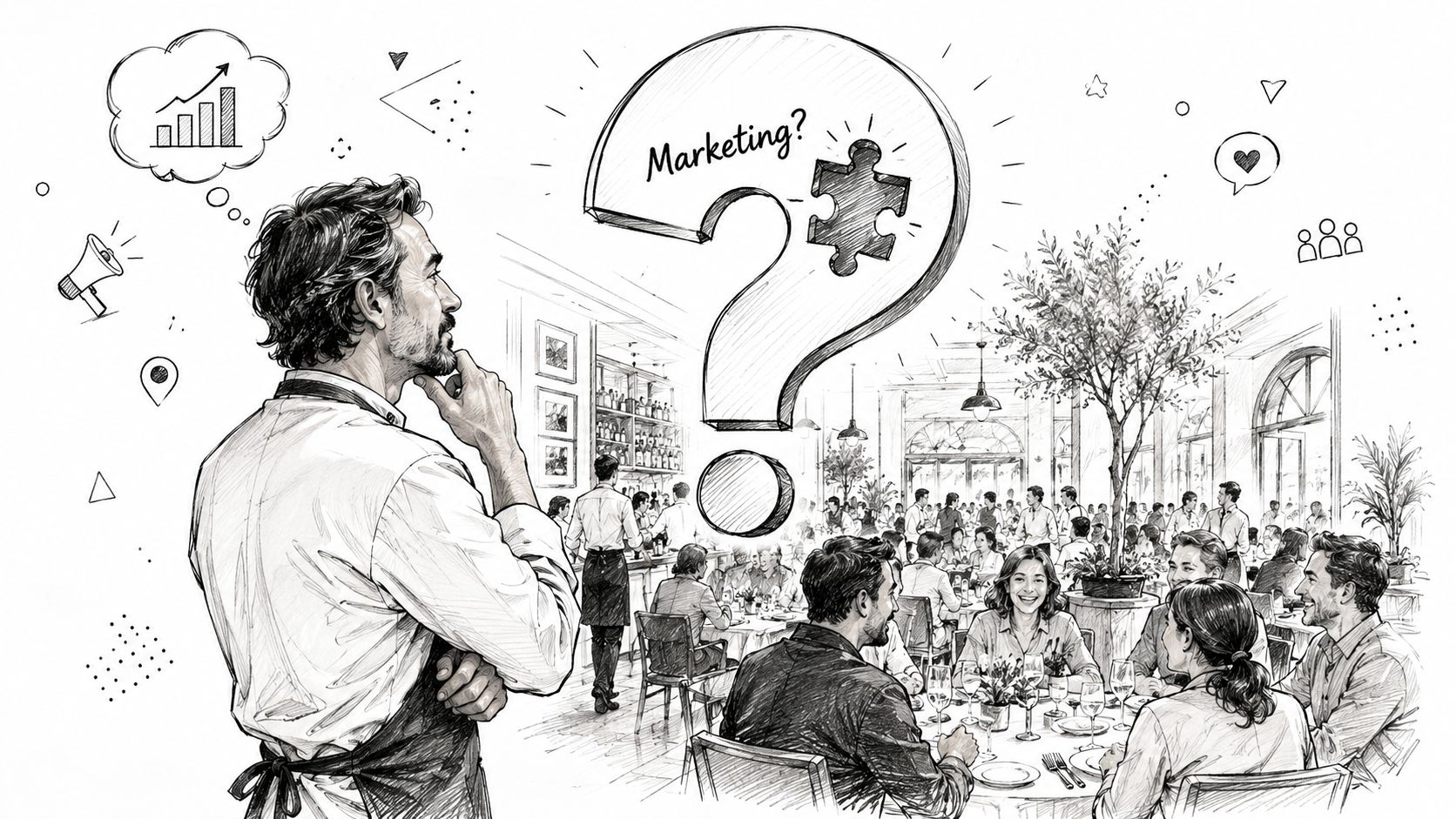 A thoughtful restaurant owner looking at a busy dining room while contemplating hospitality marketing strategies.