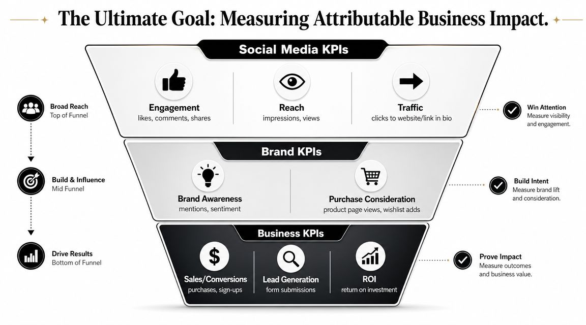 A funnel diagram illustrating the measurement of social media, brand, and business KPIs for marketing success.