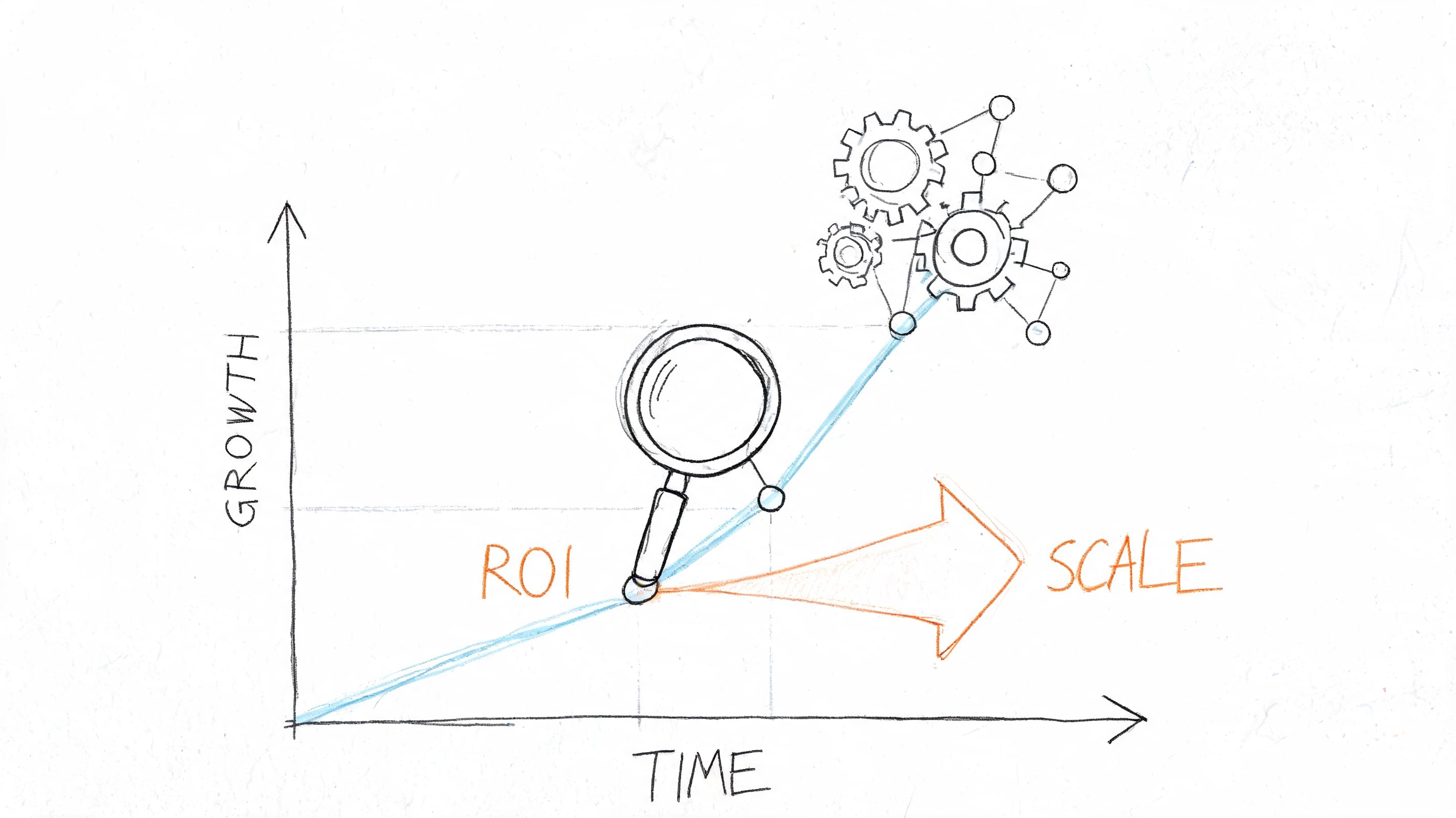 A hand-drawn chart illustrating growth over time, featuring a magnifying glass, ROI label, and a scaling gear mechanism.