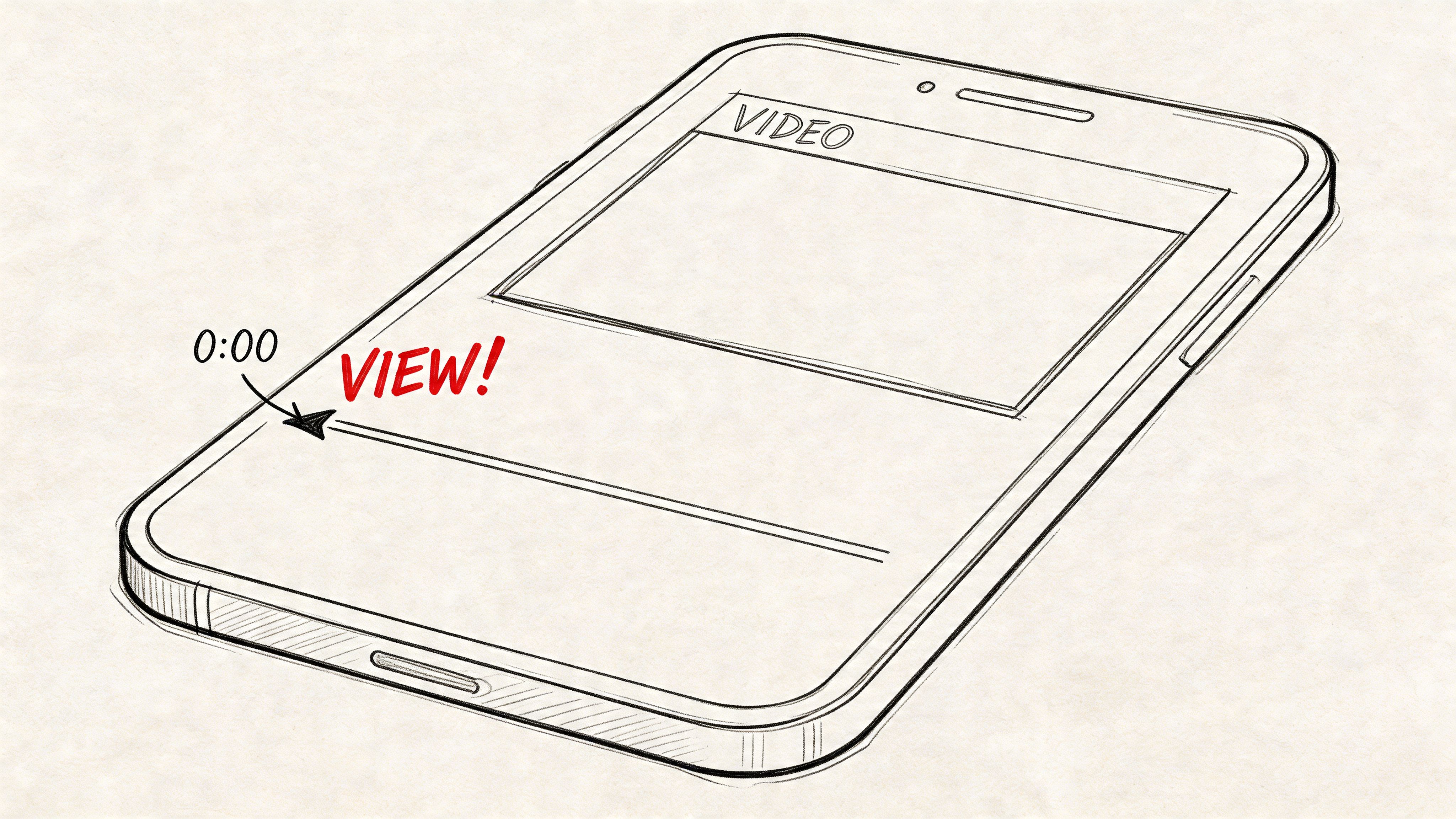 A line art sketch of a smartphone screen showing a video player interface with a zero view count.