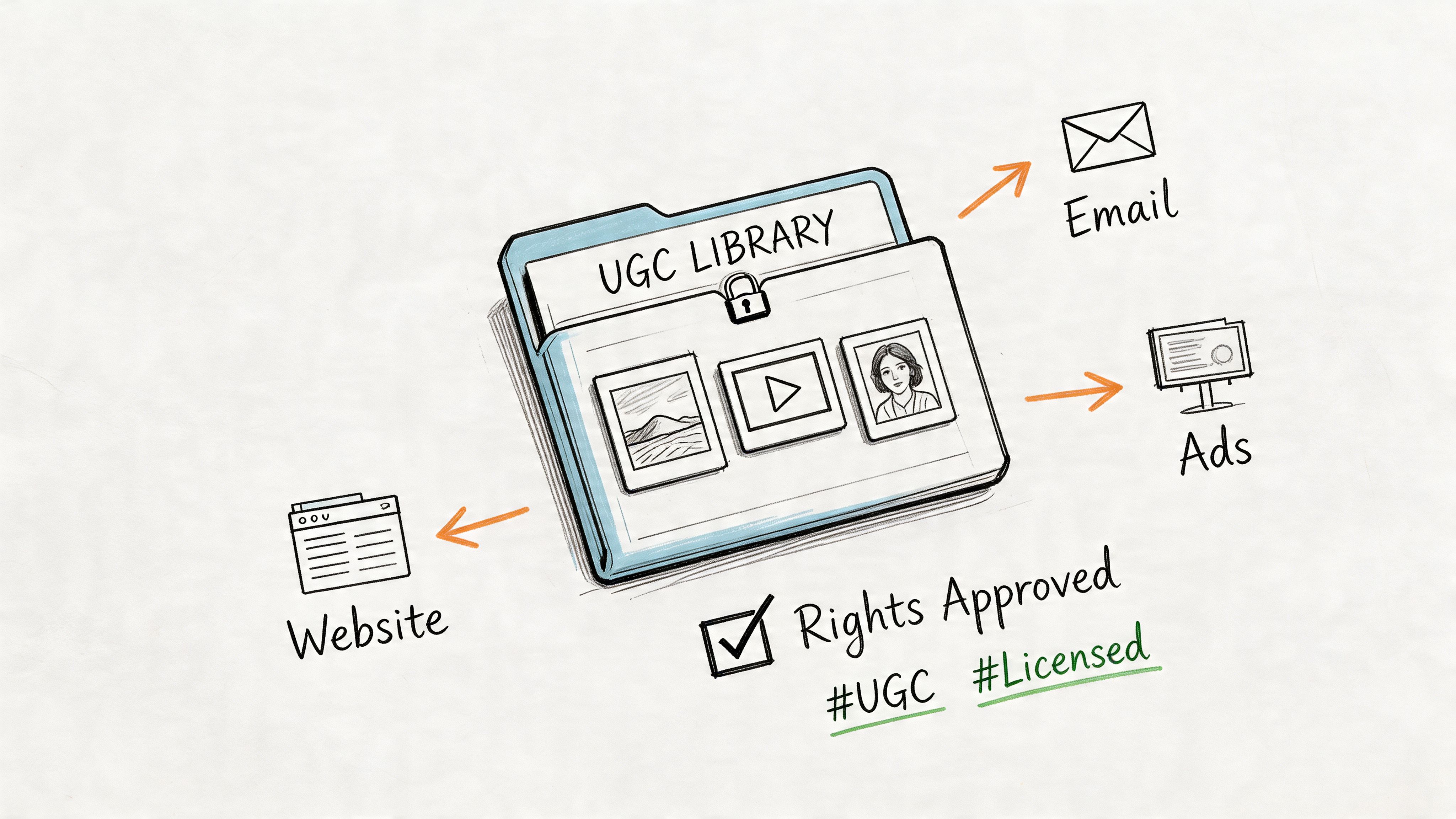 A diagram showing a secured UGC library folder distributing user-generated content to website, email, and advertising channels.