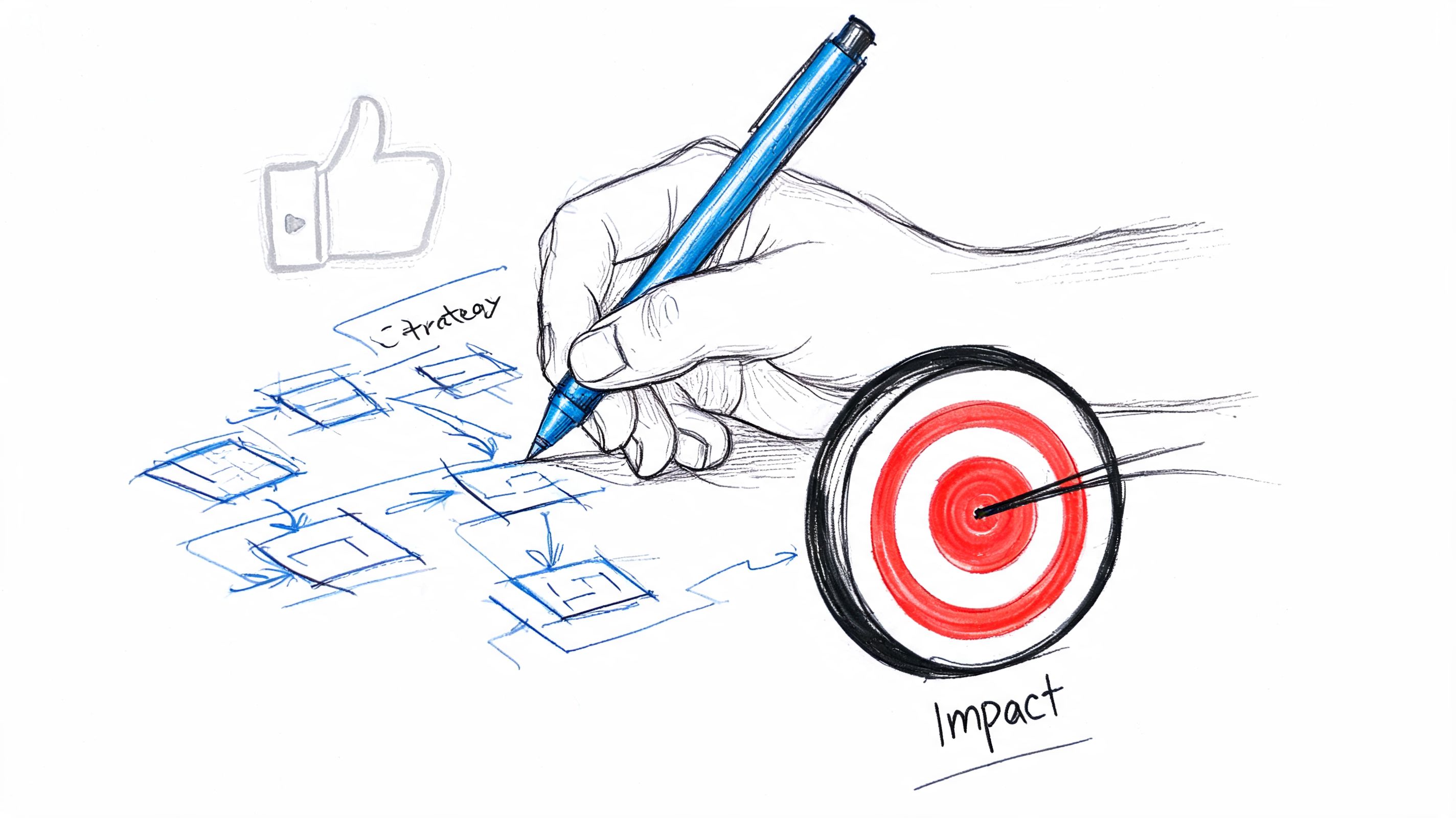 A hand drawing a strategy diagram leading to a target board representing business impact and success.