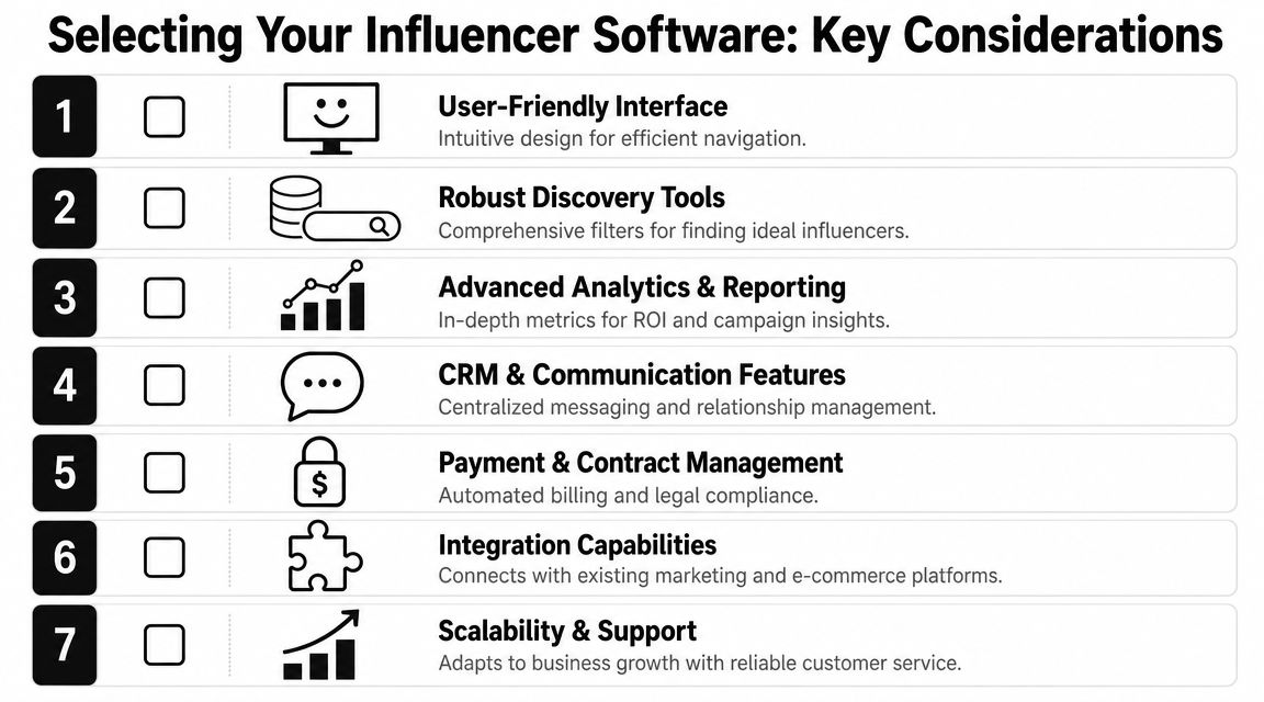 A checklist listing seven key considerations for selecting influencer campaign management software, including discovery, analytics, and CRM.