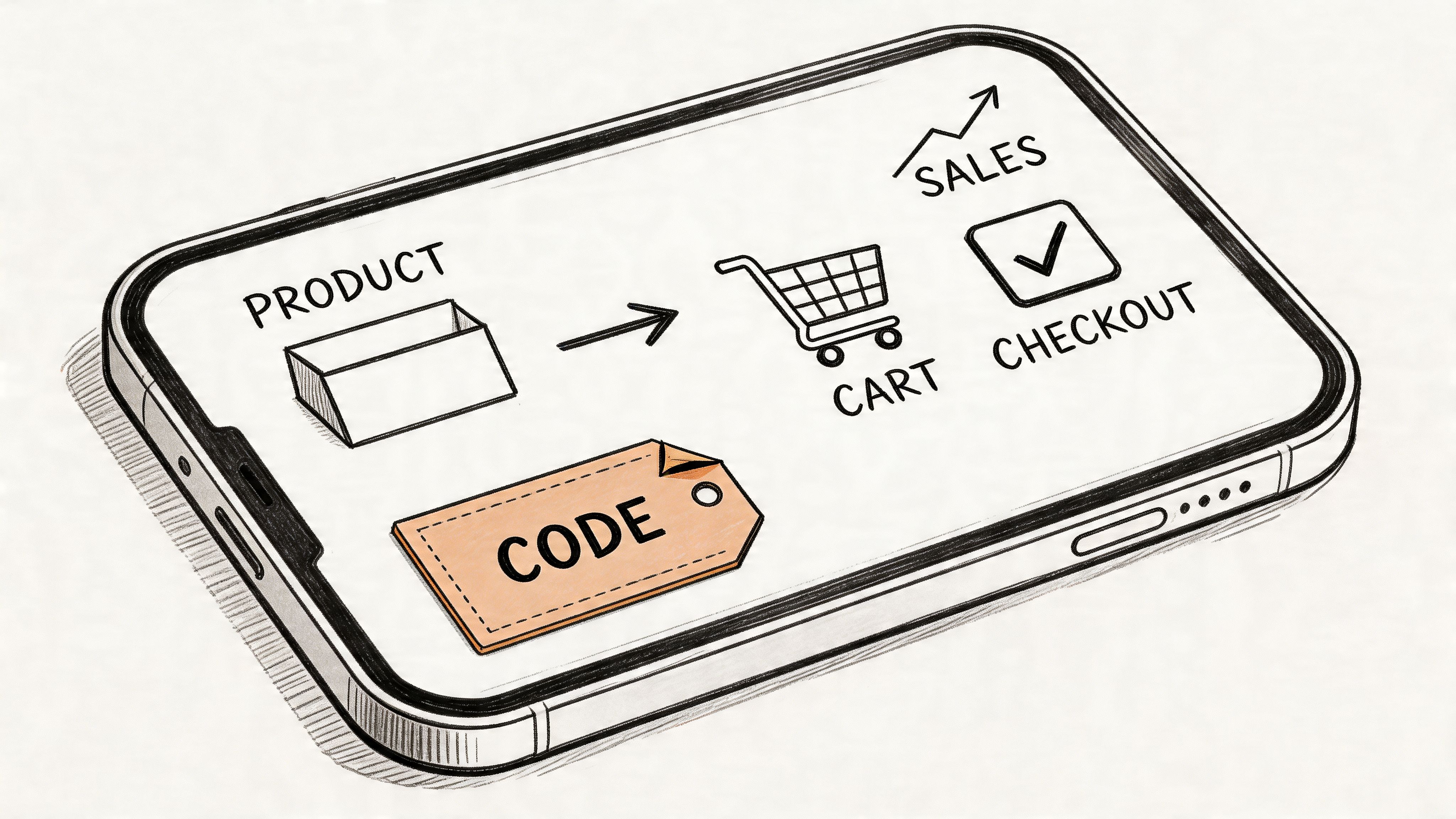A smartphone screen showing a digital sales funnel from product to shopping cart and checkout process.