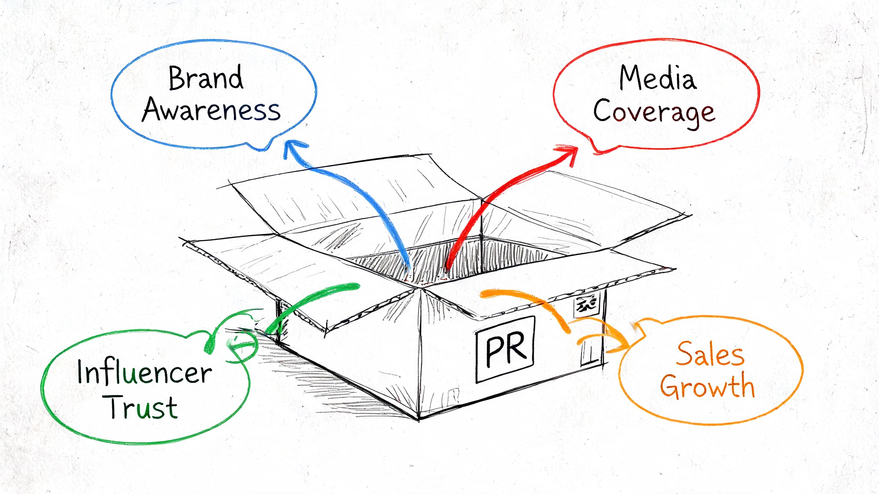 A hand-drawn illustration showing a PR box with arrows pointing to benefits like brand awareness and sales growth.