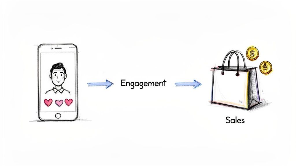 Diagram illustrating social media engagement on a smartphone leading to product sales and revenue.