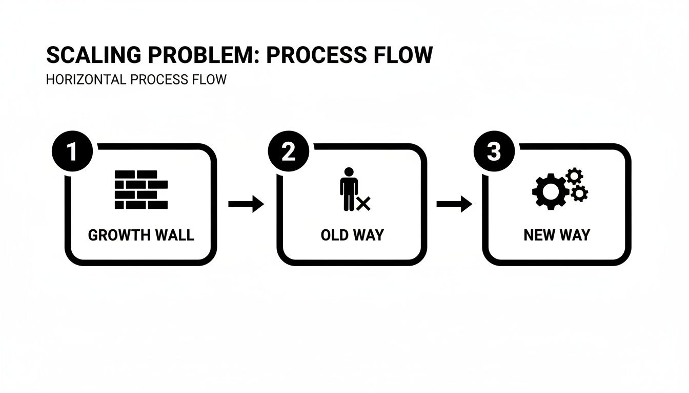 Horizontal process flow diagram illustrating a scaling problem, moving from growth wall and old way to a new way.