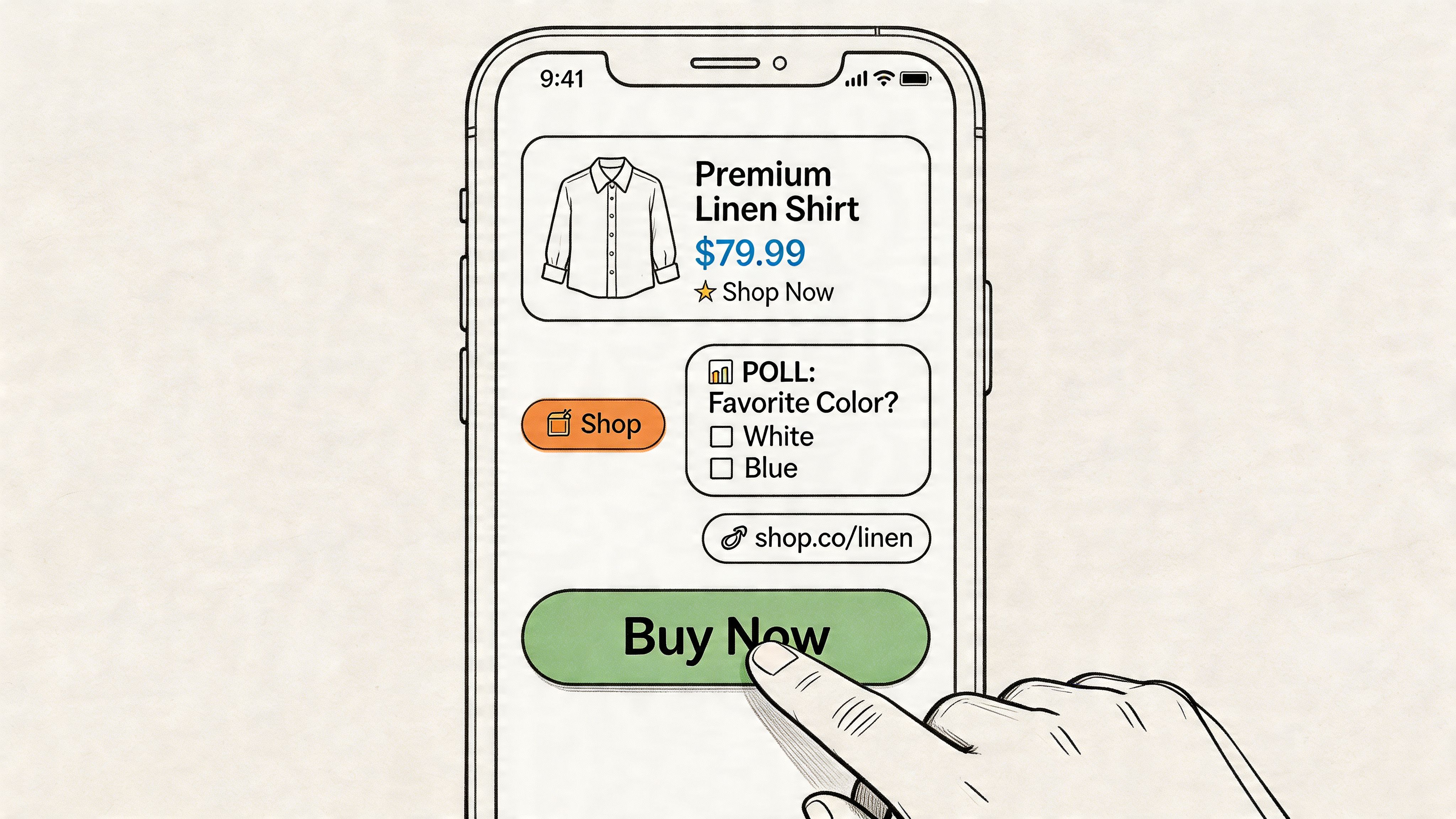 A hand tapping a Buy Now button on a mobile phone screen displaying a clothing product advertisement.