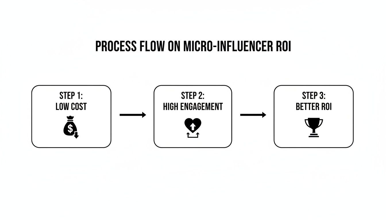 A process flow diagram illustrates how micro-influencer marketing achieves better ROI through low cost and high engagement.