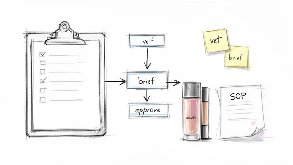 A sketched diagram illustrating a marketing or campaign workflow with a checklist, vet, brief, and approve steps, alongside beauty products and an SOP document.