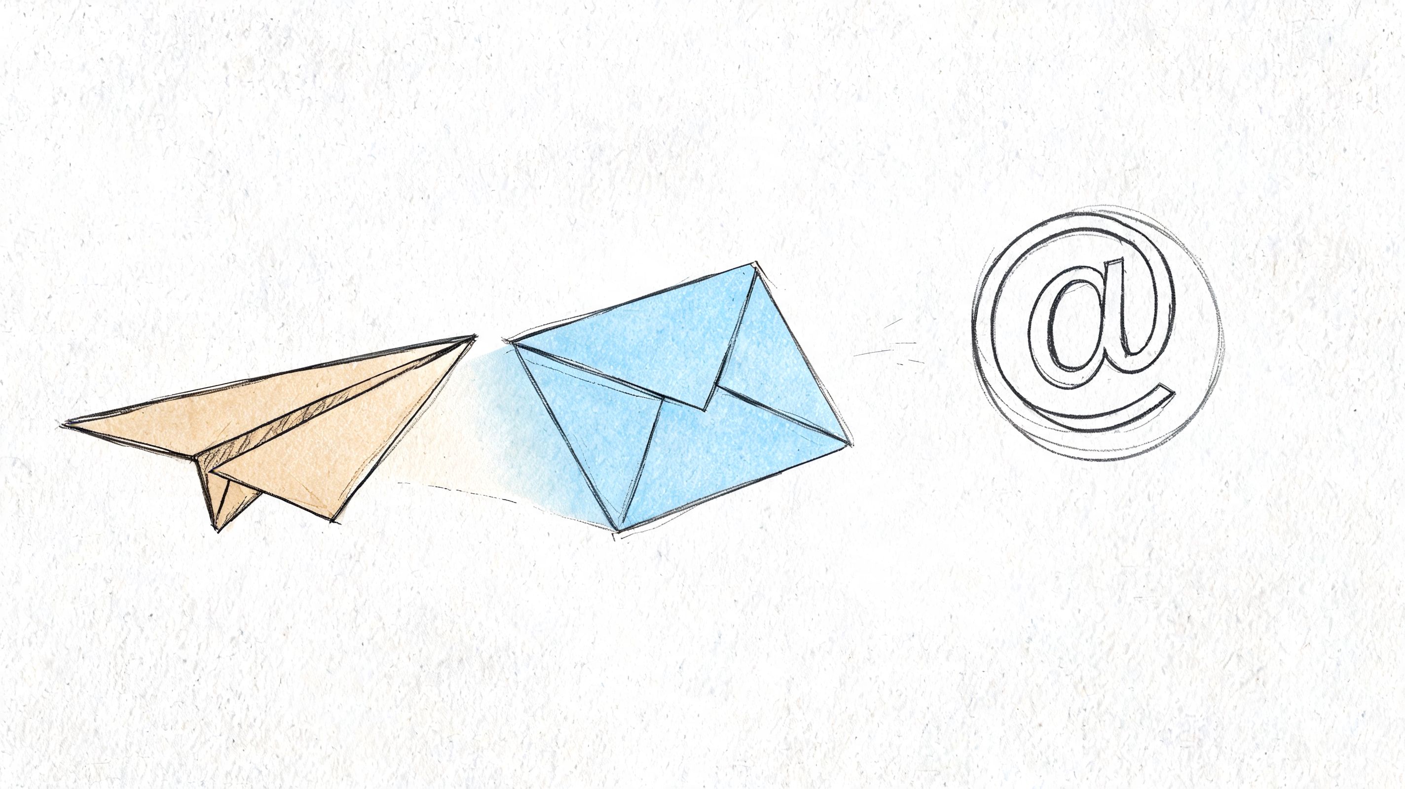 A hand-drawn illustration showing a paper plane leading to an envelope and an at symbol.