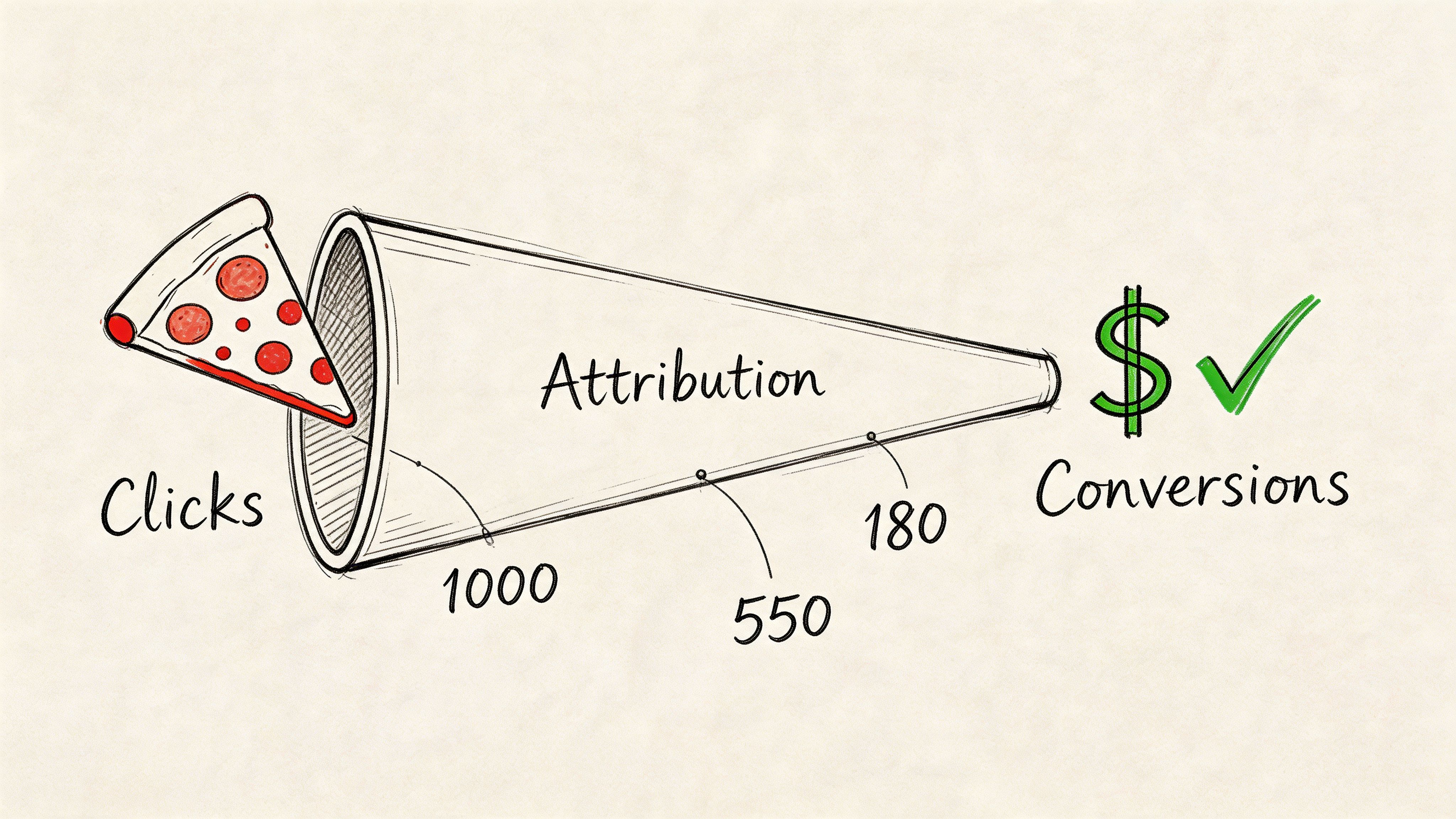 A conceptual sketch illustrating marketing attribution with clicks entering a funnel that converts into sales.