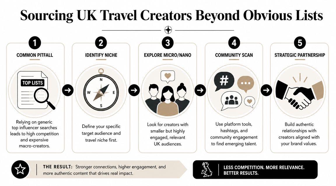 An infographic showing a five-step process for sourcing authentic UK travel influencers beyond generic top lists.