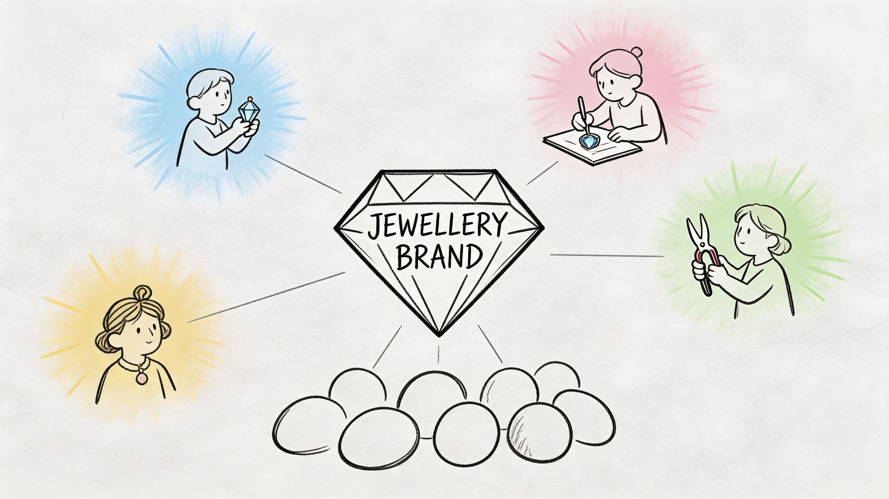 A diagram illustrating the connection between a central jewellery brand and its various creators and influencers.