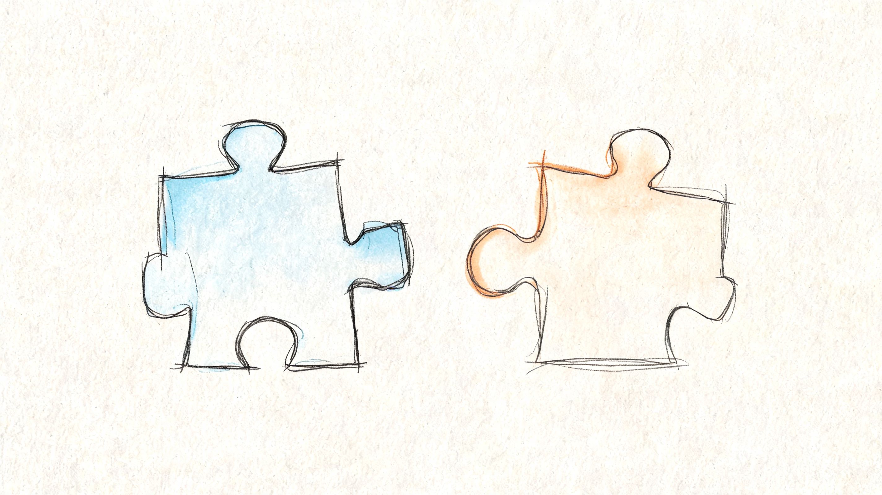 A hand-drawn illustration showing two puzzle pieces side by side against a textured paper background.