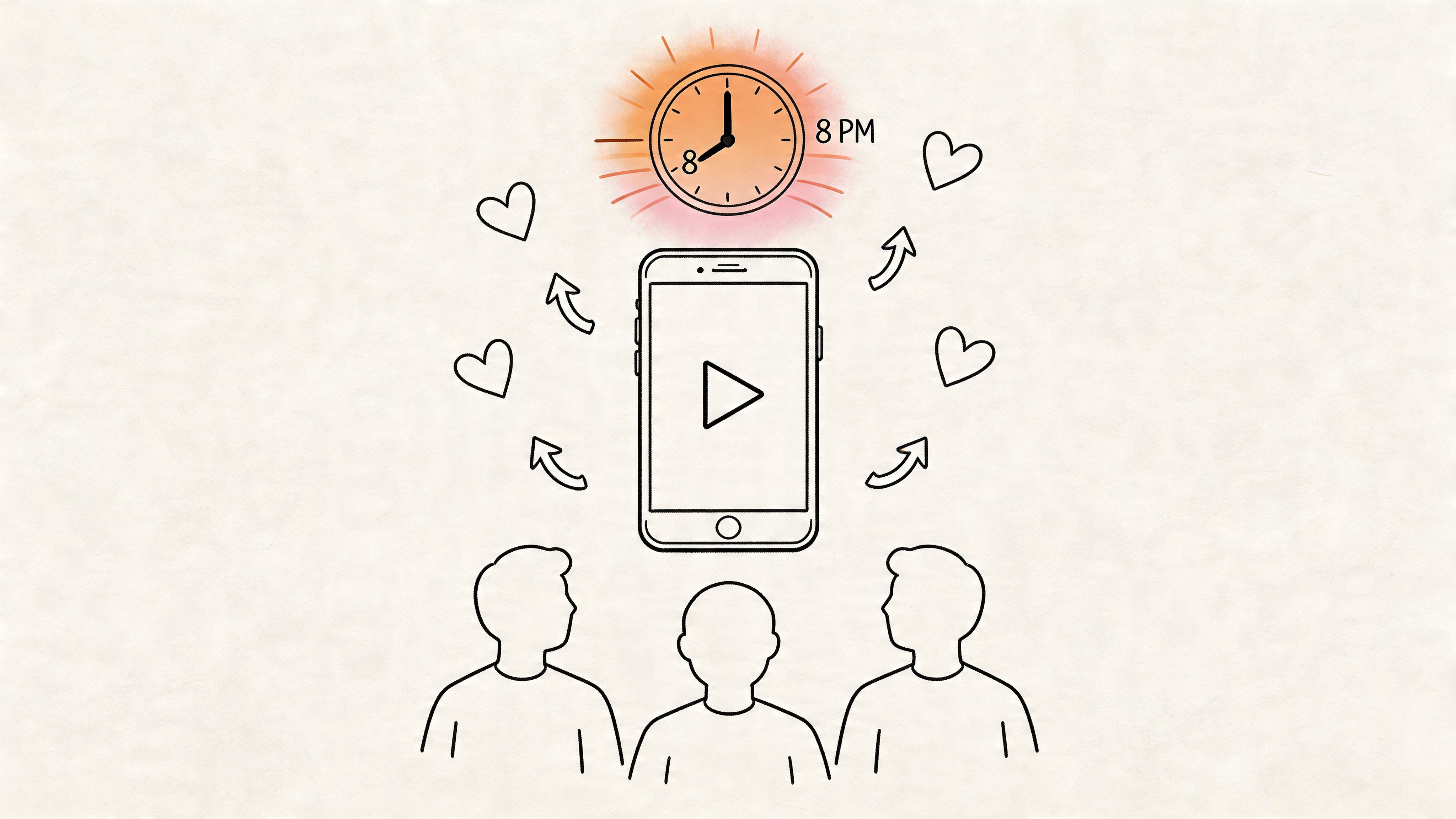 An illustration showing three people looking at a smartphone screen with hearts and an 8 PM clock.