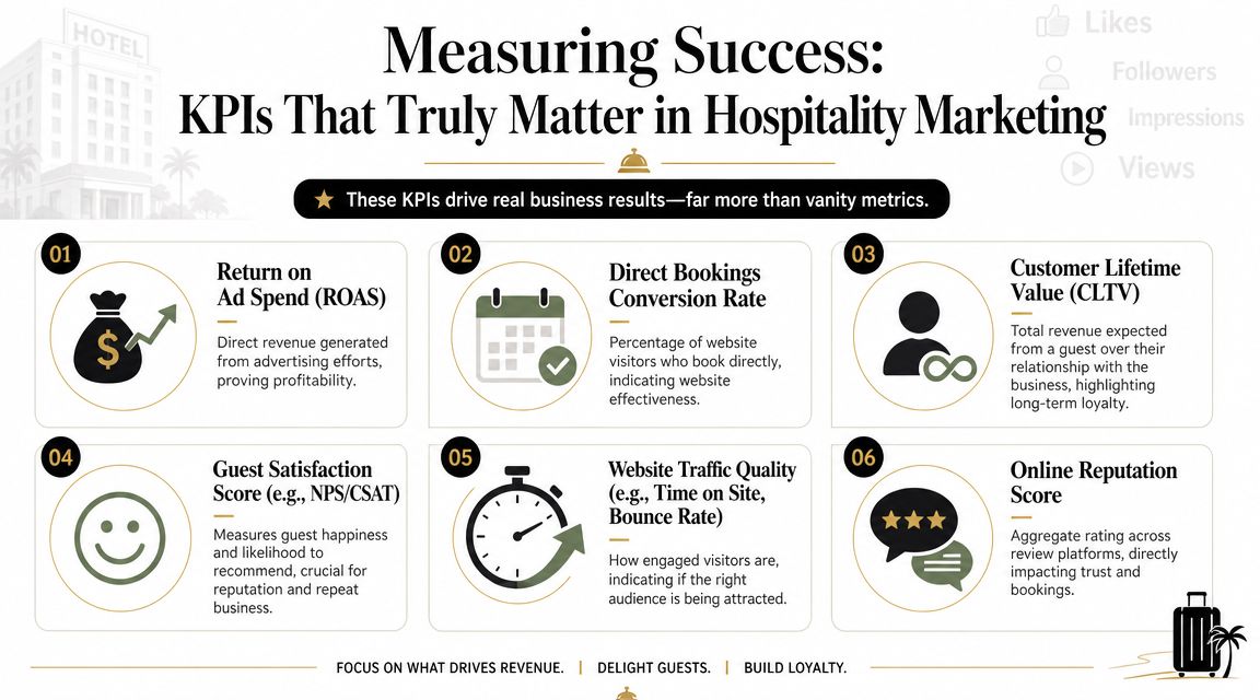 An infographic detailing six essential KPIs for measuring success and driving revenue in hospitality marketing.