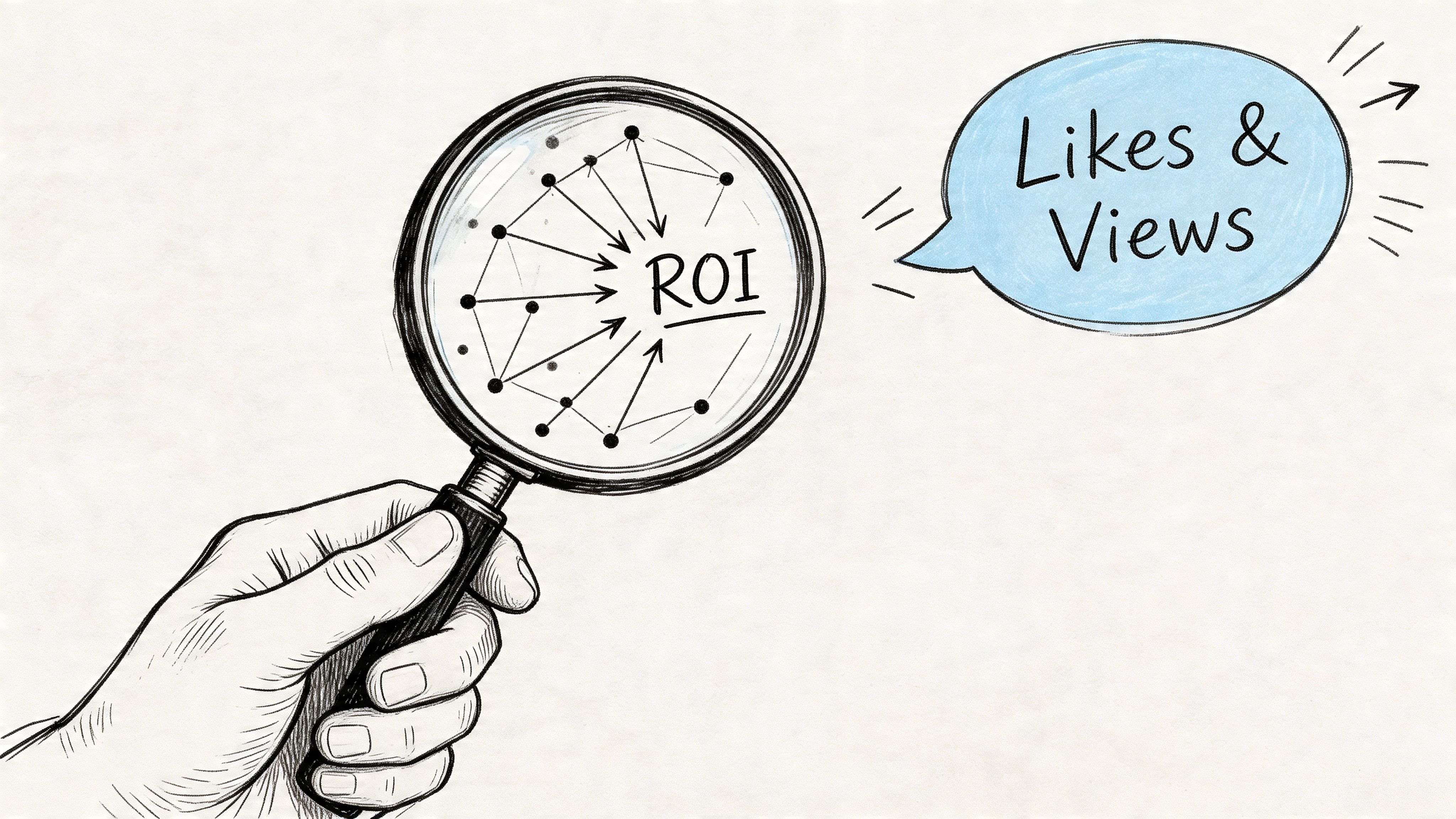 A sketch of a hand holding a magnifying glass over the text ROI with a thought bubble labeled Likes and Views.