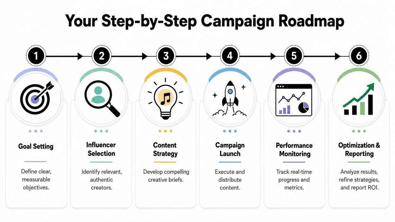 A six-step infographic outlining a strategic roadmap for a successful music influencer marketing campaign.