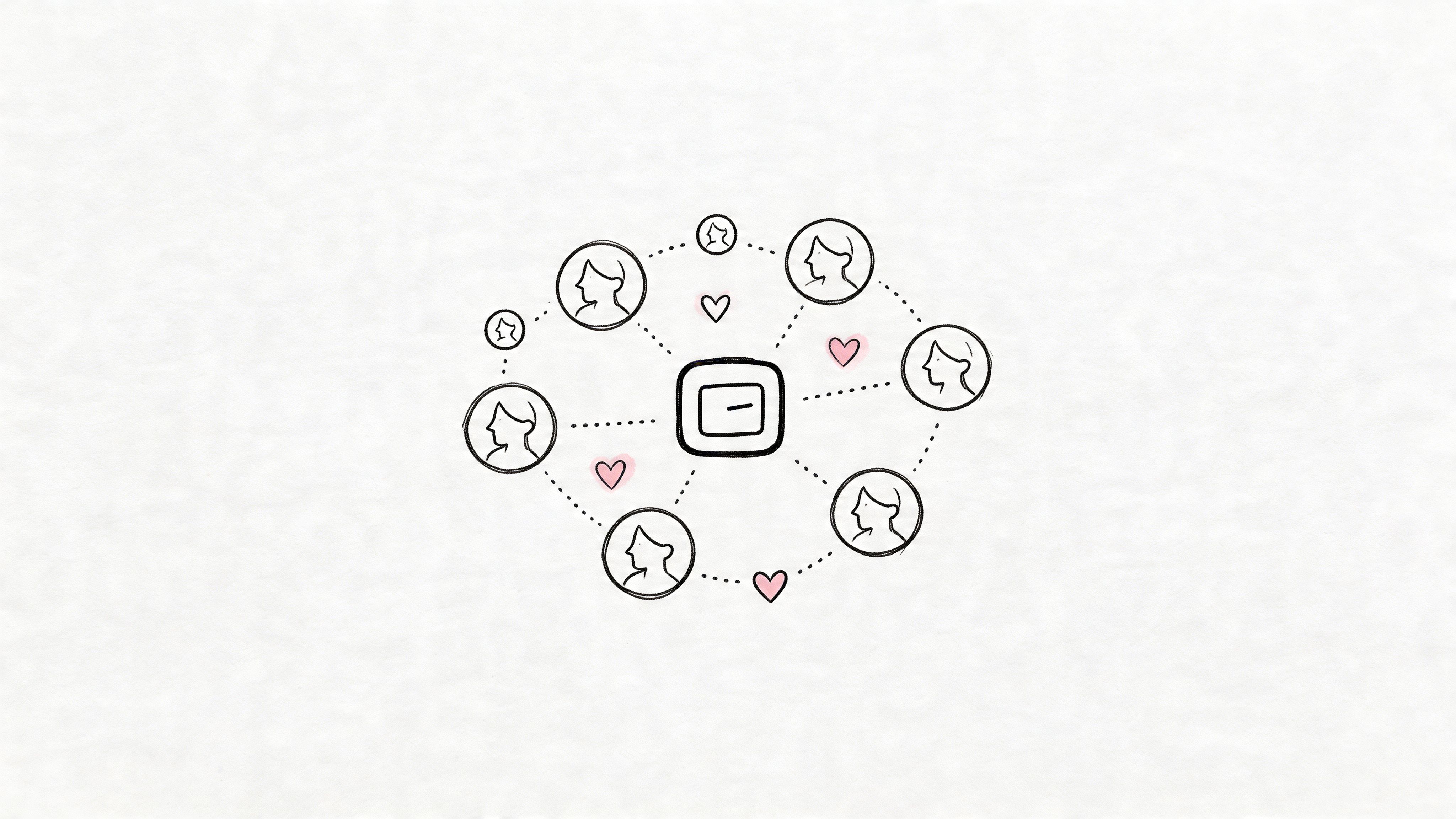 A hand-drawn illustration showing a central application icon surrounded by various user profiles and heart symbols.