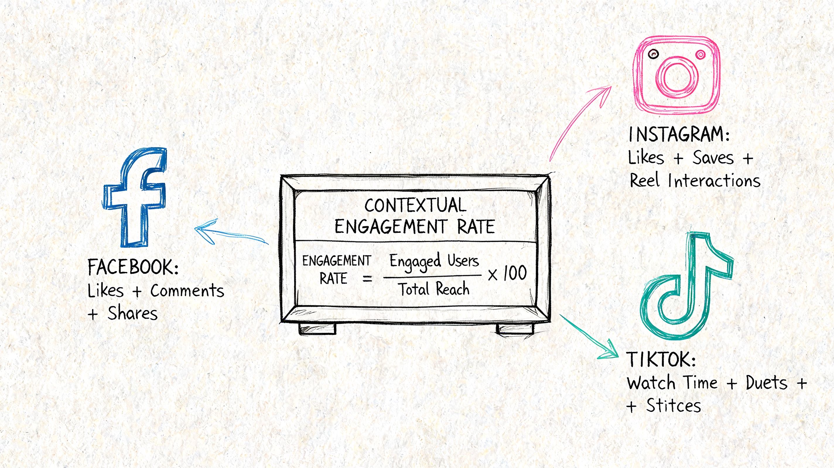 A diagram illustrating the formula for calculating contextual engagement rate on Facebook, Instagram, and TikTok platforms.