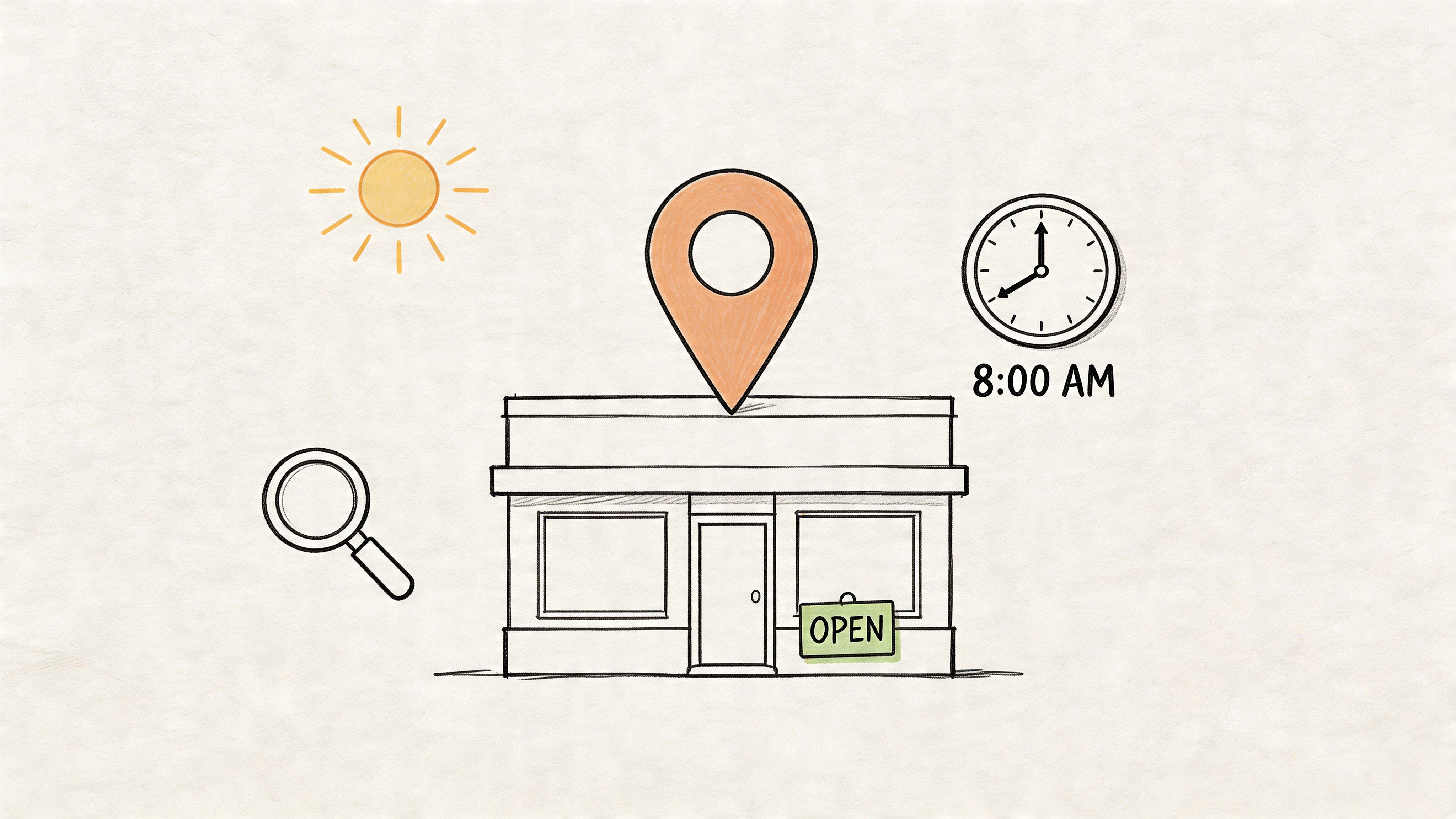 A hand-drawn illustration depicting a store icon with a location pin, a sun, and an opening time.
