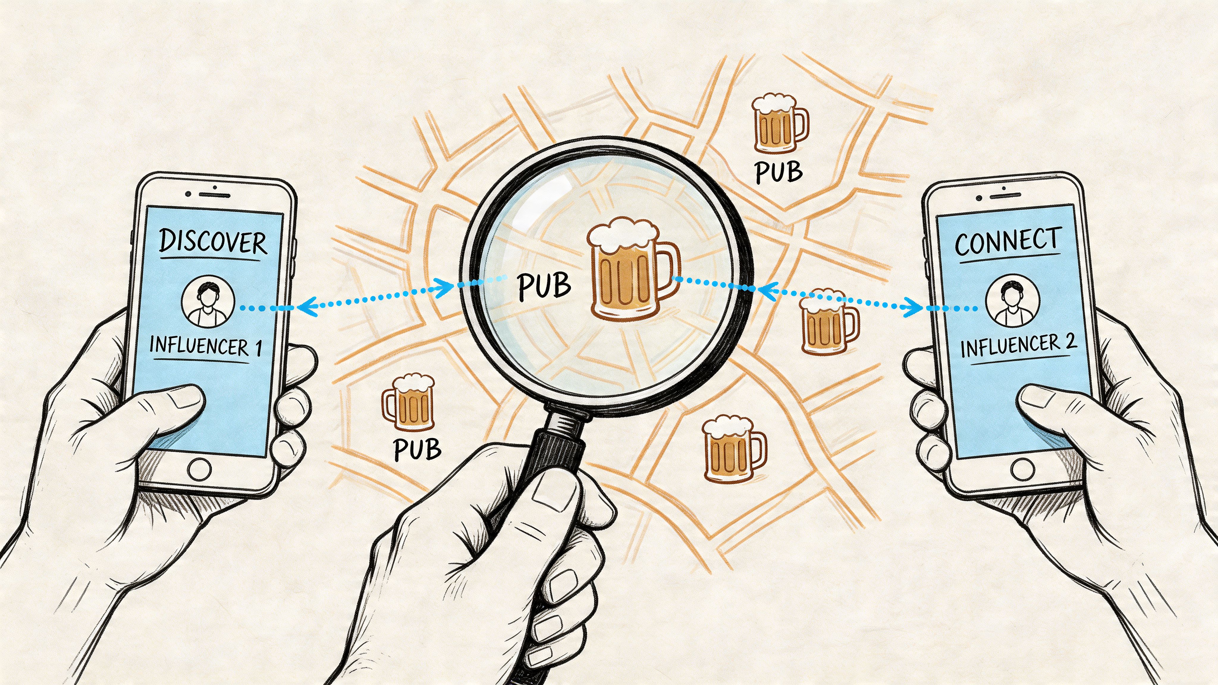 A hand holding a magnifying glass over a digital map connecting two smartphone influencers for pub marketing.