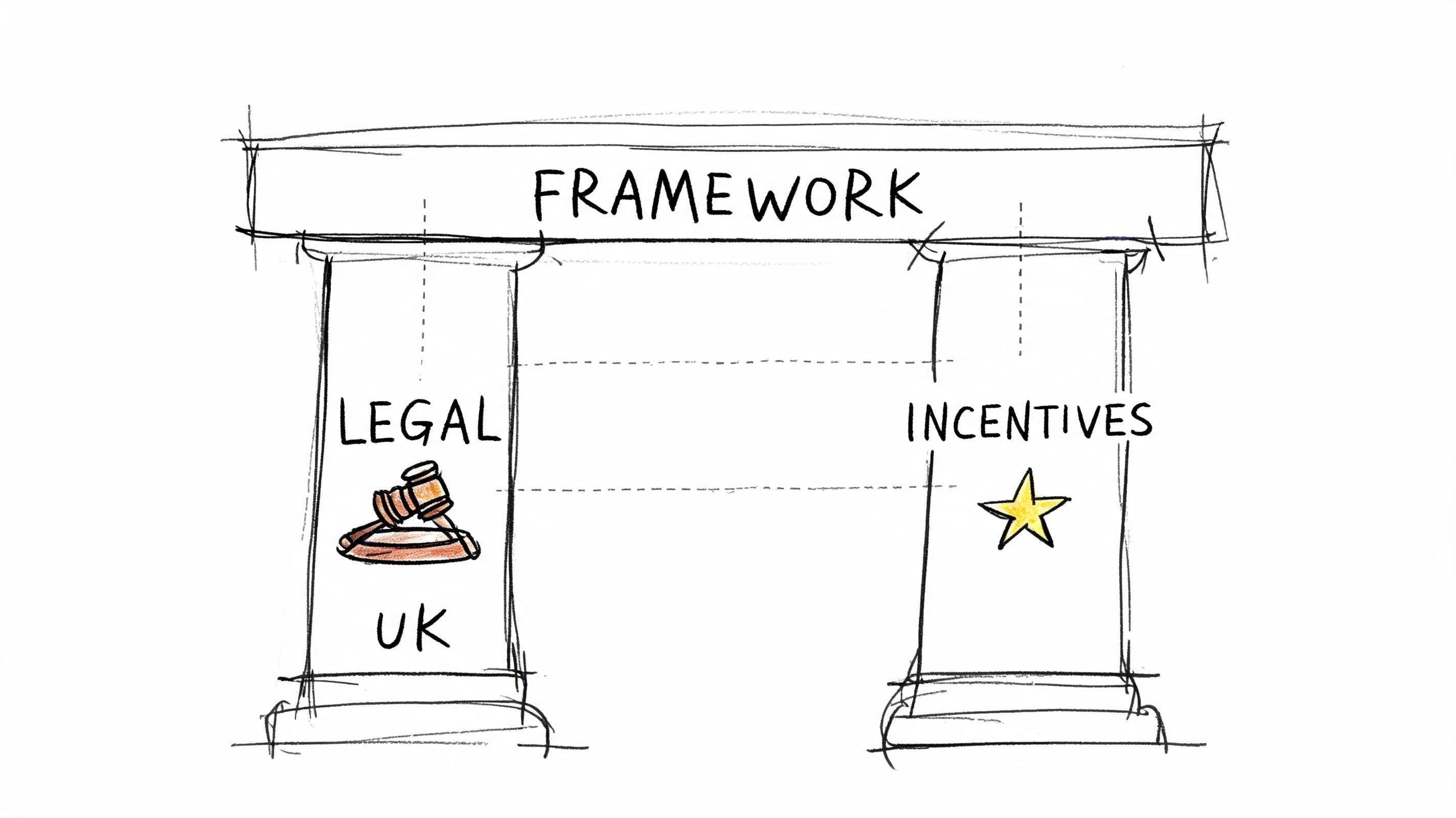 A hand-drawn sketch of a structural framework resting on two pillars labeled Legal UK and Incentives.