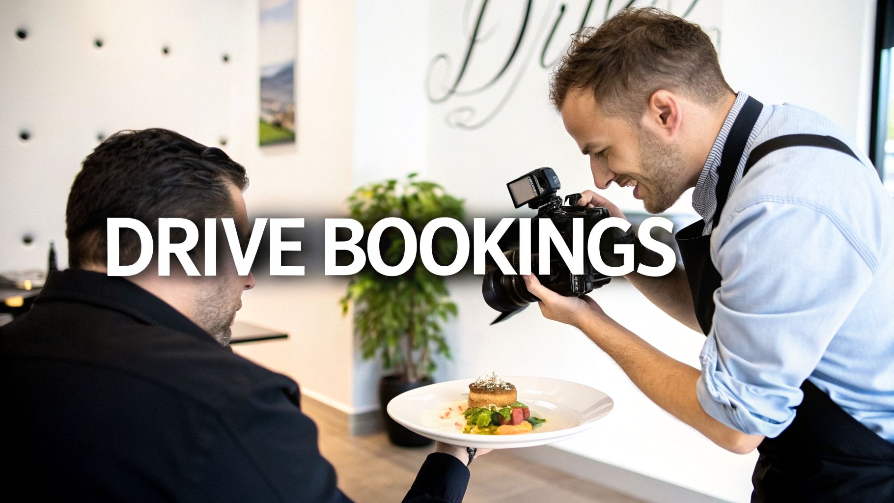 A chef presents a gourmet dish to a smiling videographer filming it for restaurant promotion.