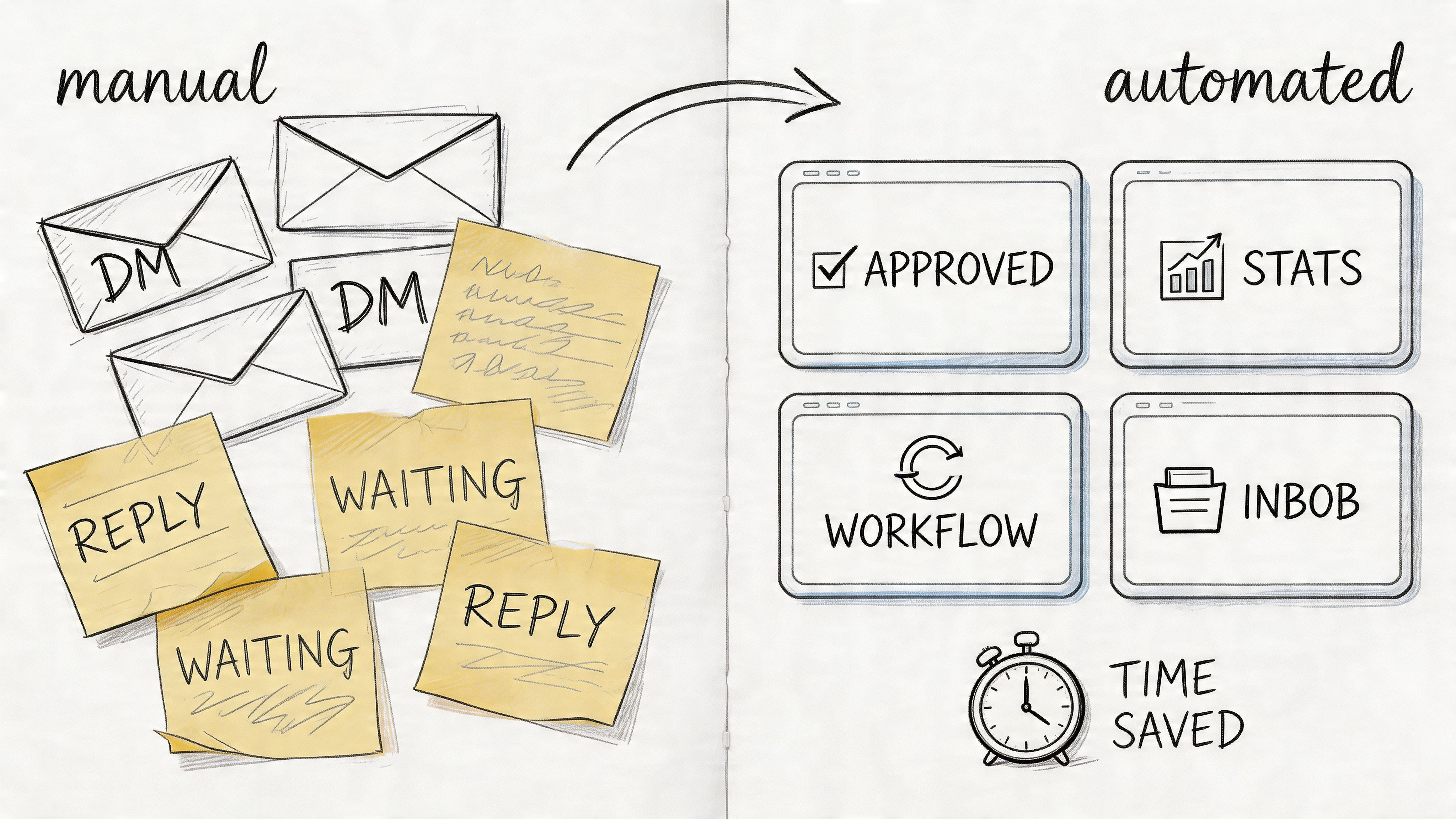 A hand-drawn illustration showing a transition from a chaotic manual process to an organized automated workflow system.