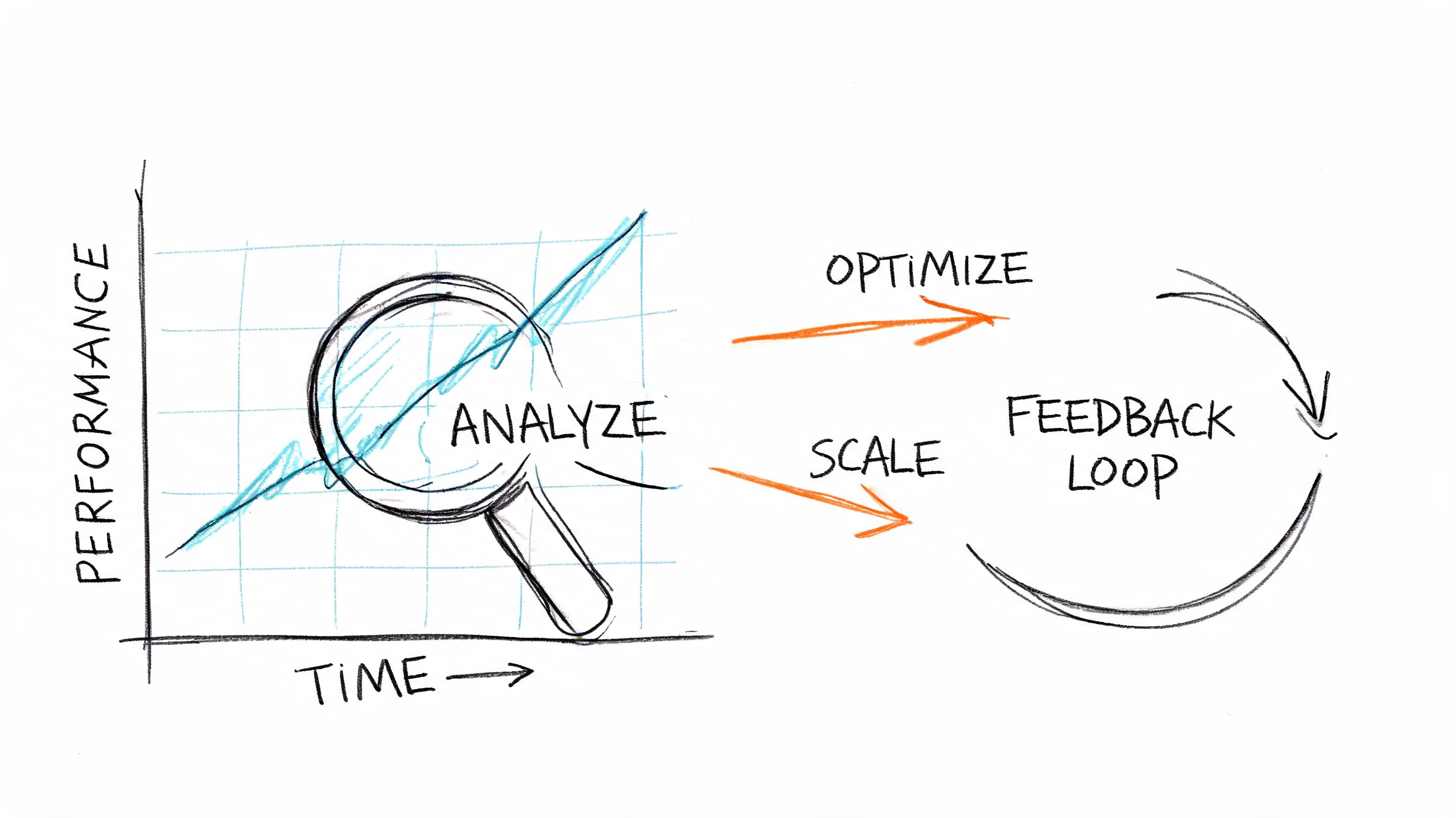 A hand-drawn diagram illustrating an analytical process with a magnifying glass, performance graph, and a feedback loop.