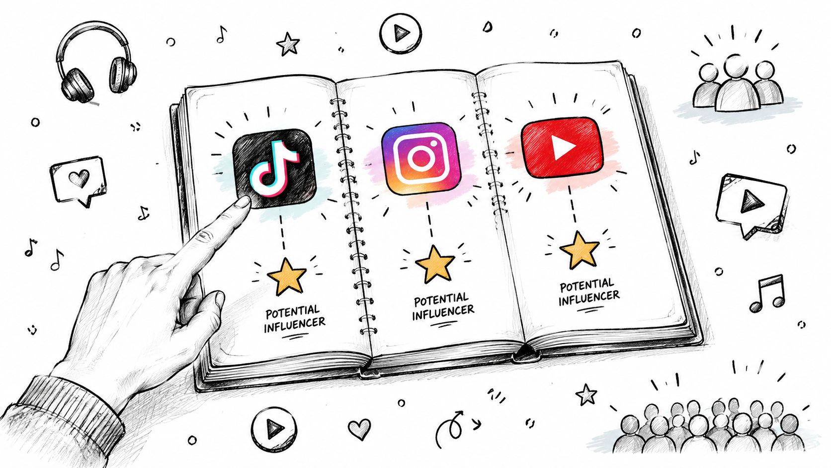 A hand pointing at a TikTok icon in a notebook featuring social media influencer marketing potential logos.