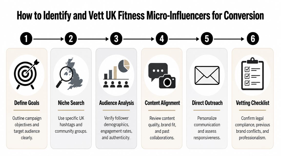 A six-step infographic detailing the process to identify and vet fitness micro-influencers in the UK.