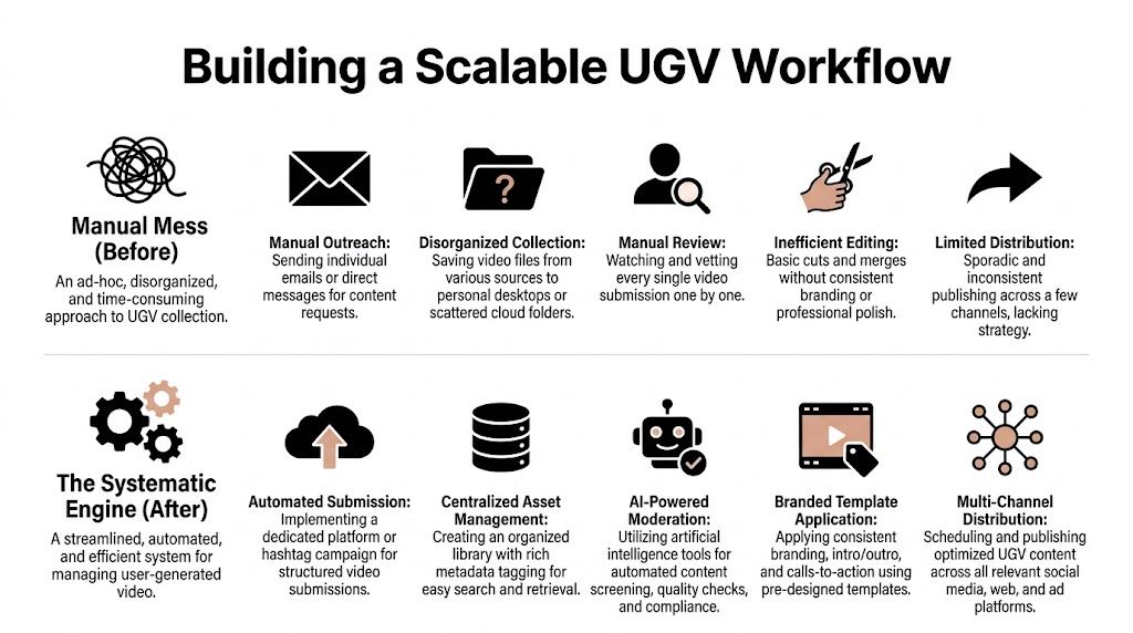 A comparison chart showing the transformation from a manual, disorganized user generated video process to a streamlined, automated system.