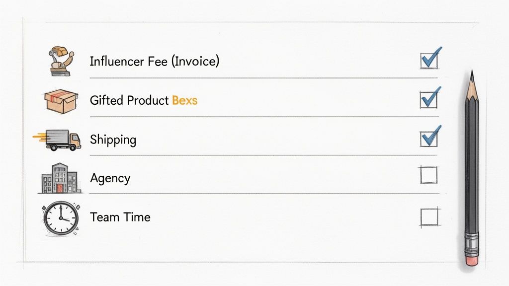 A checklist illustrating influencer marketing expenses: influencer fee, gifted product, and shipping are checked, while agency and team time are not.
