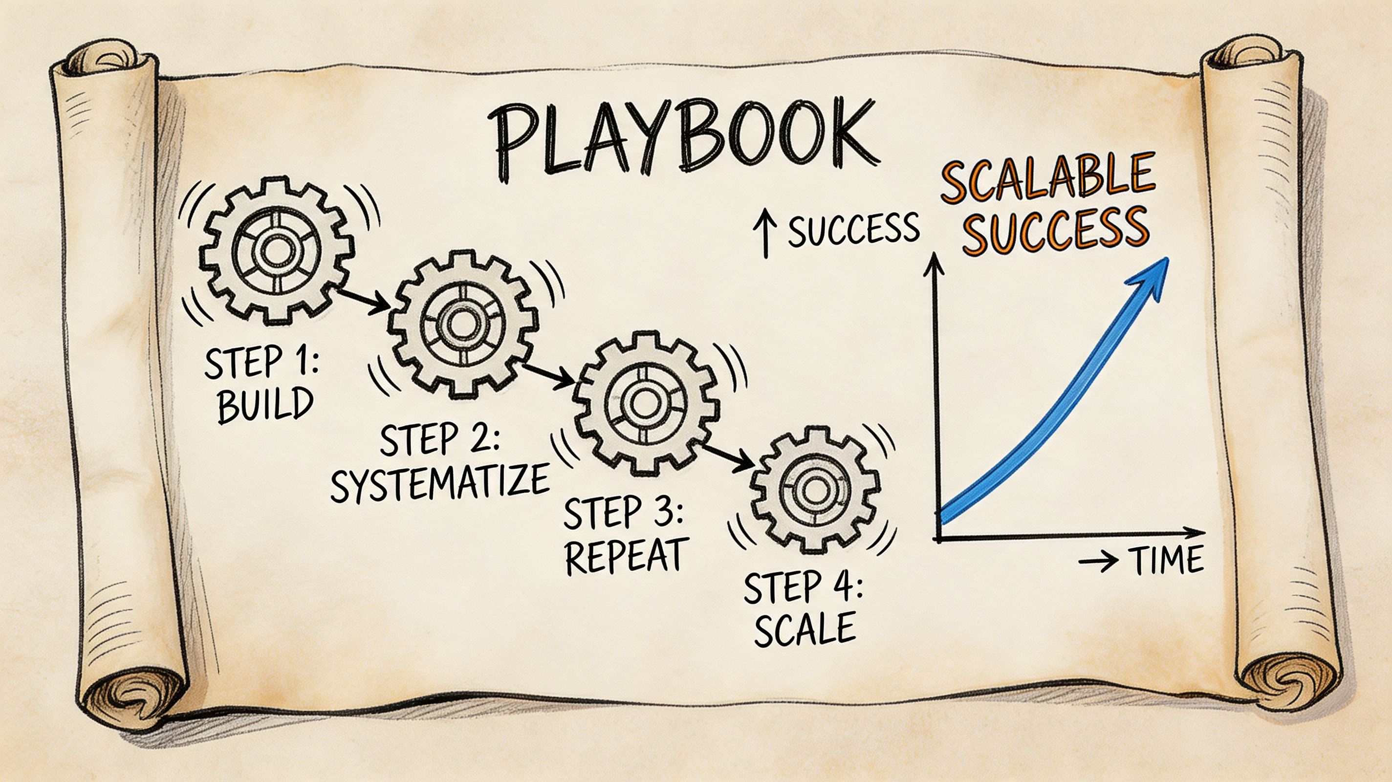 An illustrated scroll showing a four-step playbook for achieving scalable success through building, systematizing, and scaling processes.