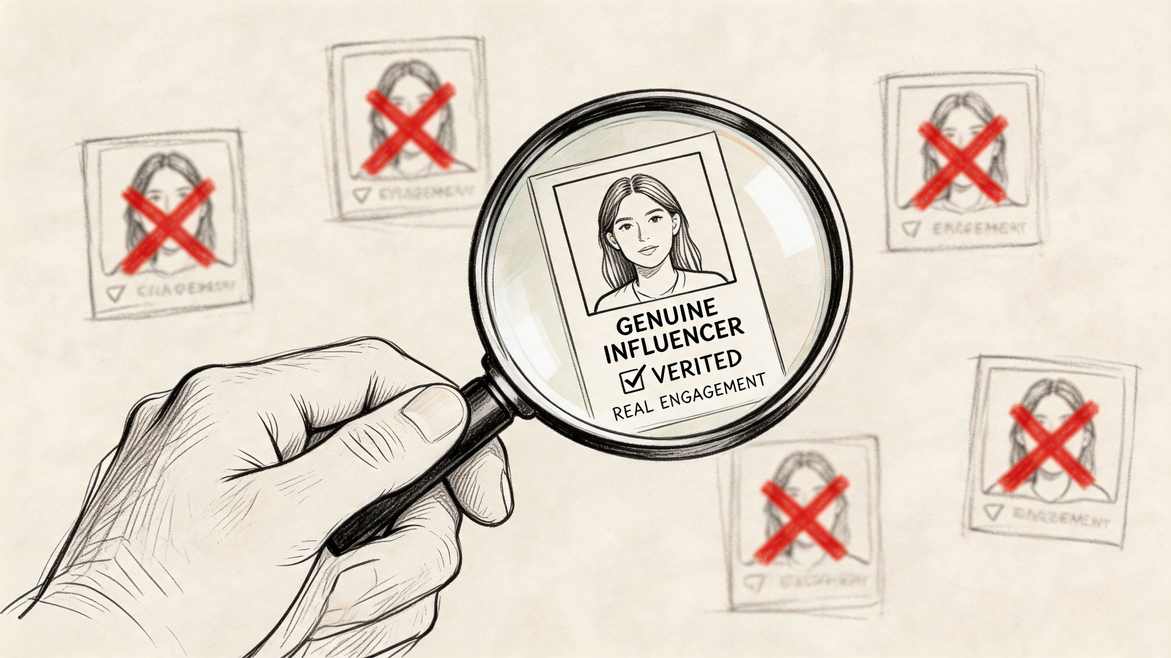 A hand holding a magnifying glass over a verified profile identifying a genuine influencer with real engagement.