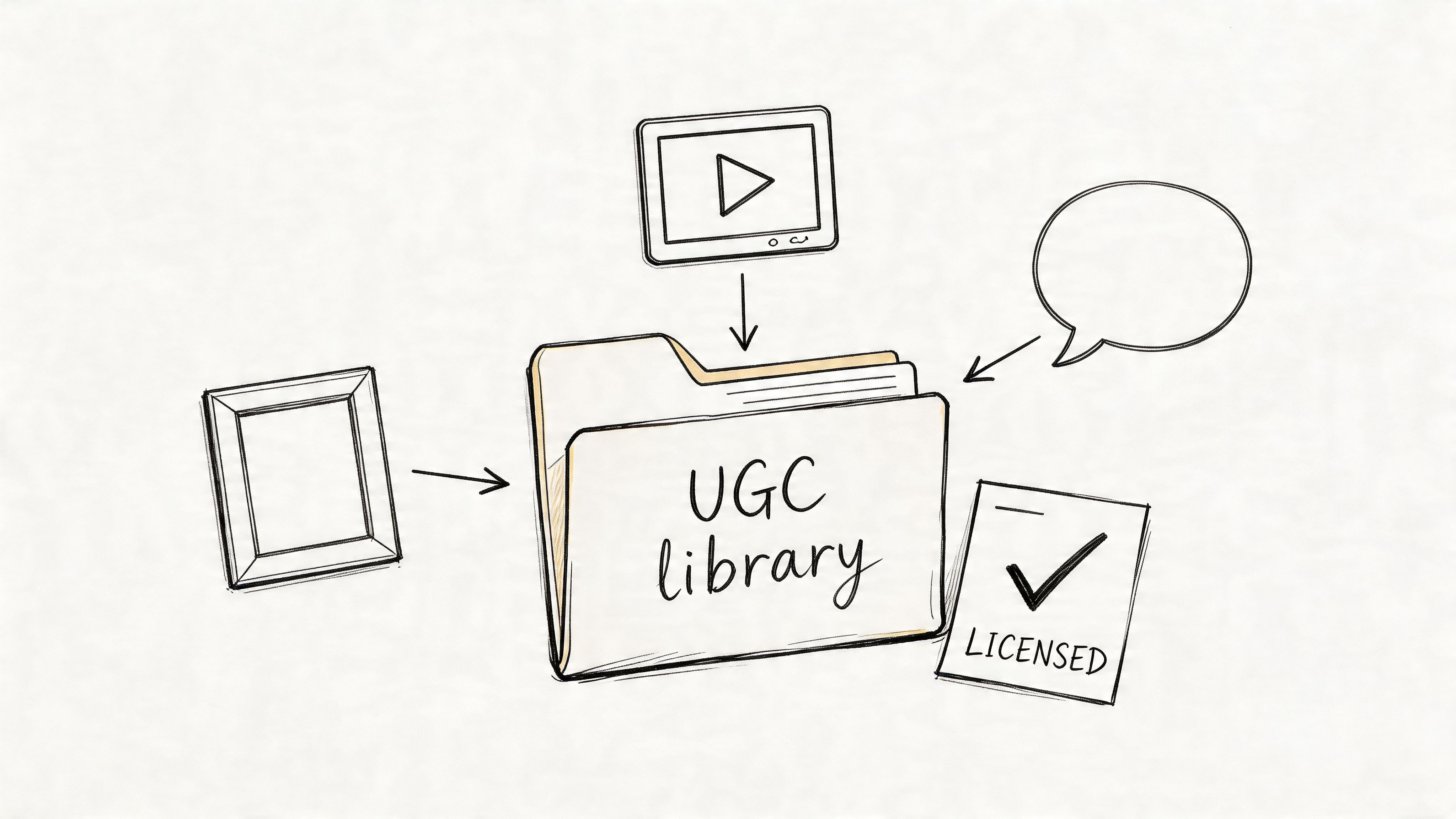 A hand-drawn illustration showing various media assets like photos and videos being collected into a UGC library folder.