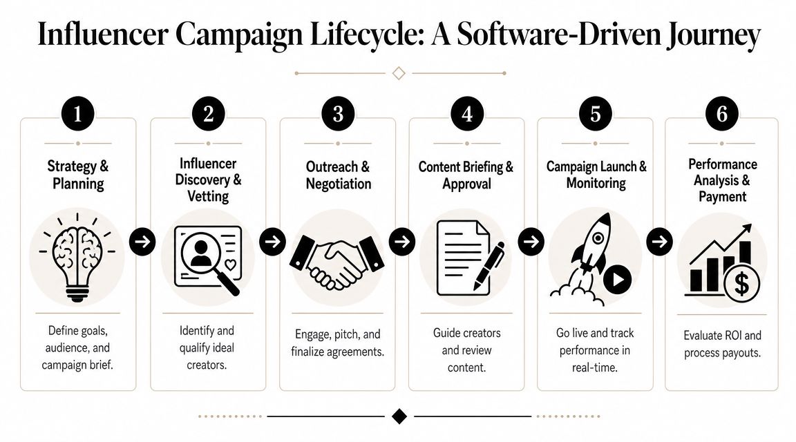 A six-step infographic detailing the influencer campaign management software lifecycle from strategy to performance analysis.