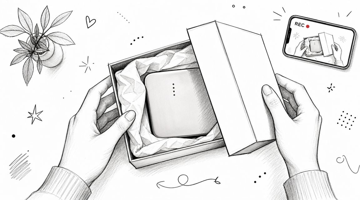 An artistic sketch of hands opening a product box for an unboxing video on a smartphone screen.