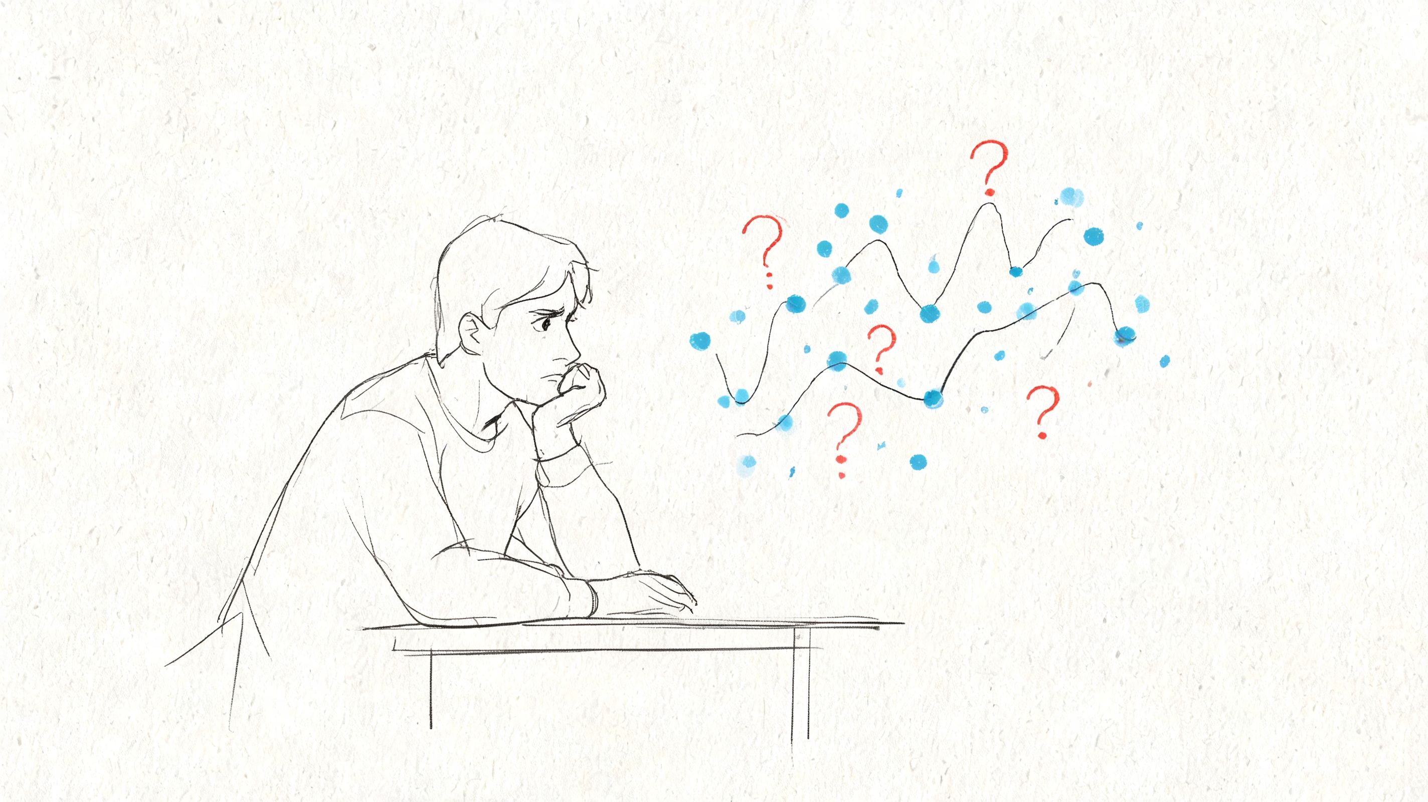 A hand-drawn illustration of a thoughtful person looking at complex data charts and question marks.