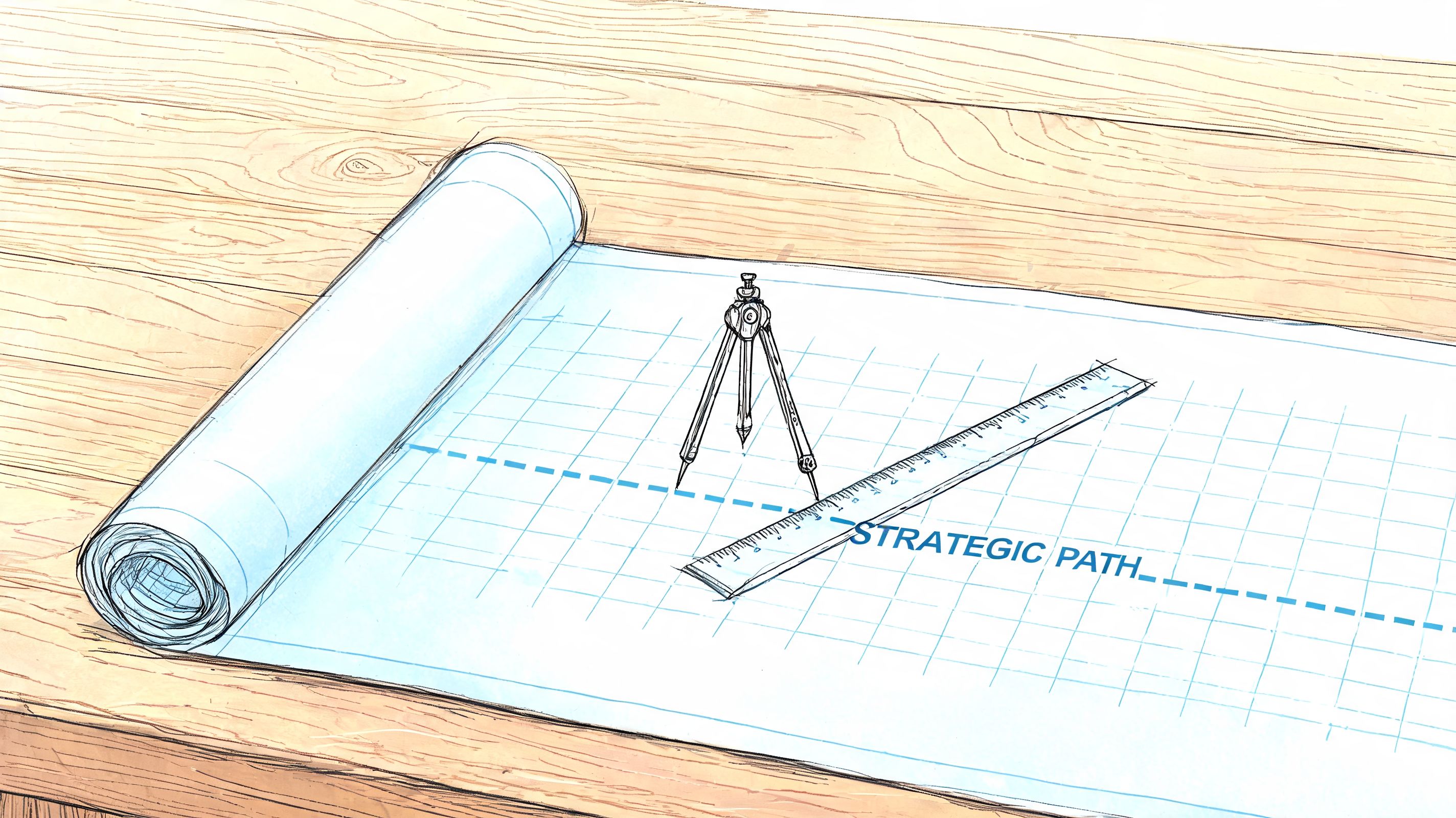 A blueprint on a wooden table featuring a compass, a ruler, and the words Strategic Path.